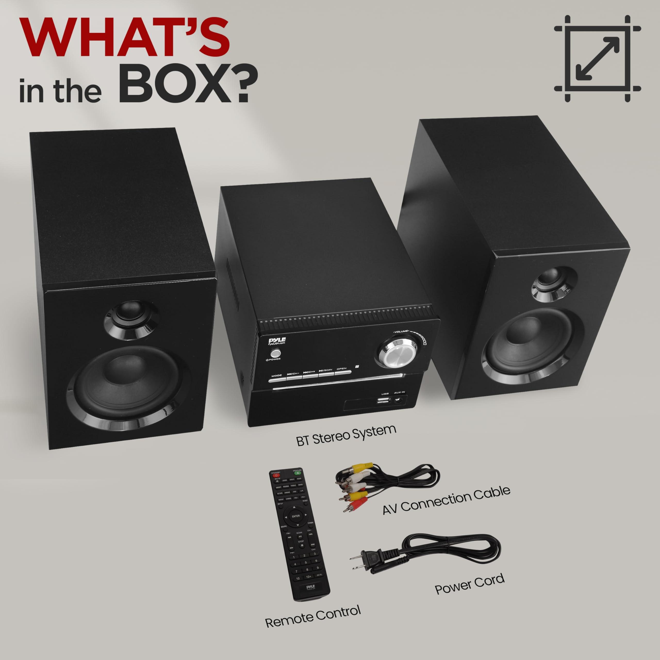 Pyle Pyle CD/DVD P.M.P.O Stereo System, 3-pc Wireless BT Streaming 6 Ohm Two-Way Wooden Speaker Box and Subwoofer, Digital Amplifier IC with MP3, USB, FM Radio, Bass Reflex Speaker