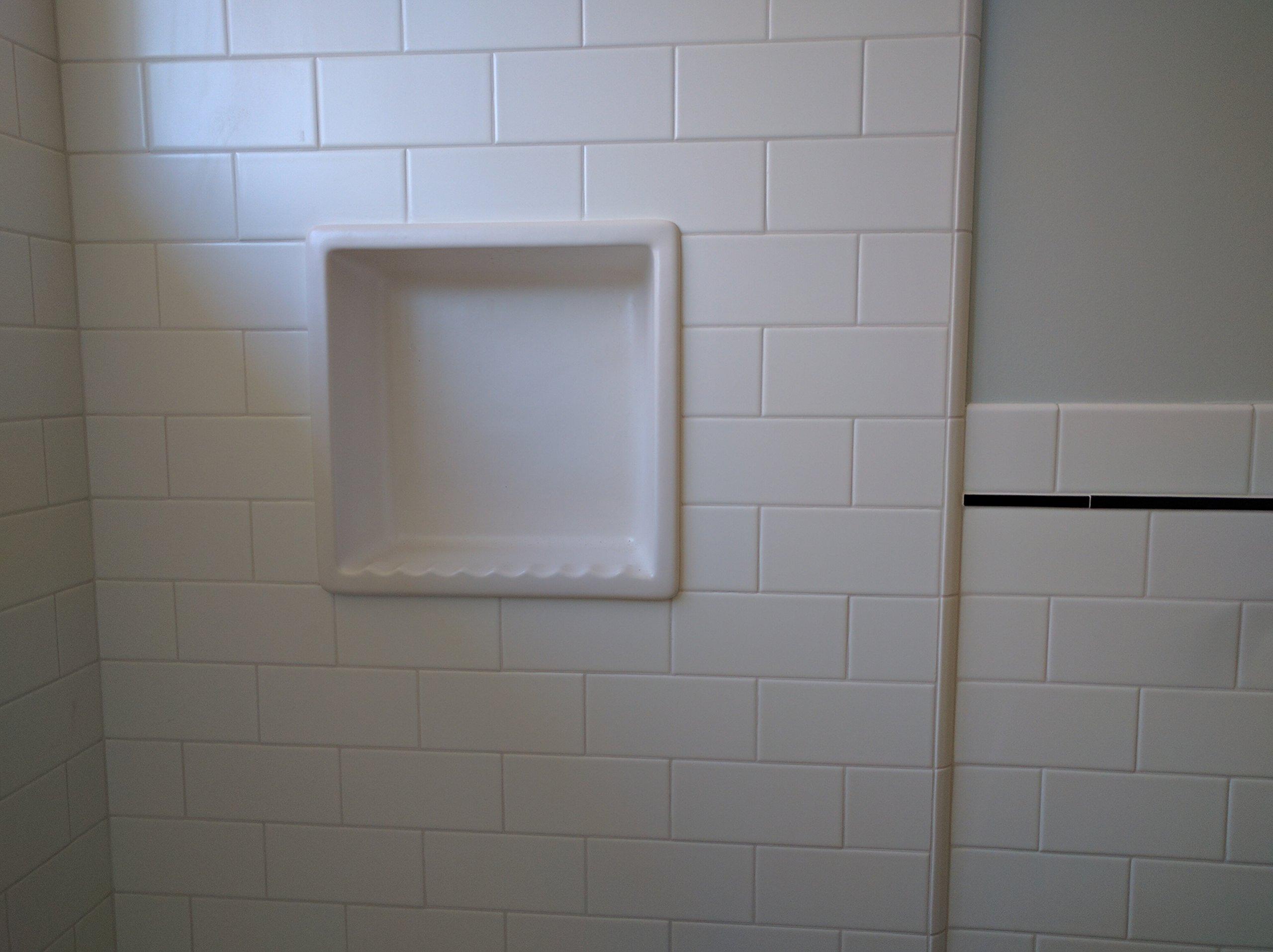 shower-shelf 1 USA made Ceramic Recessed Shower Niche 1 compartment shampoo shelf. Easy Install, Easy Clean, Sanitary, Will not Rust or Black Mold, Holds most 3-32 oz shampoo bottles, Soap Holder1C