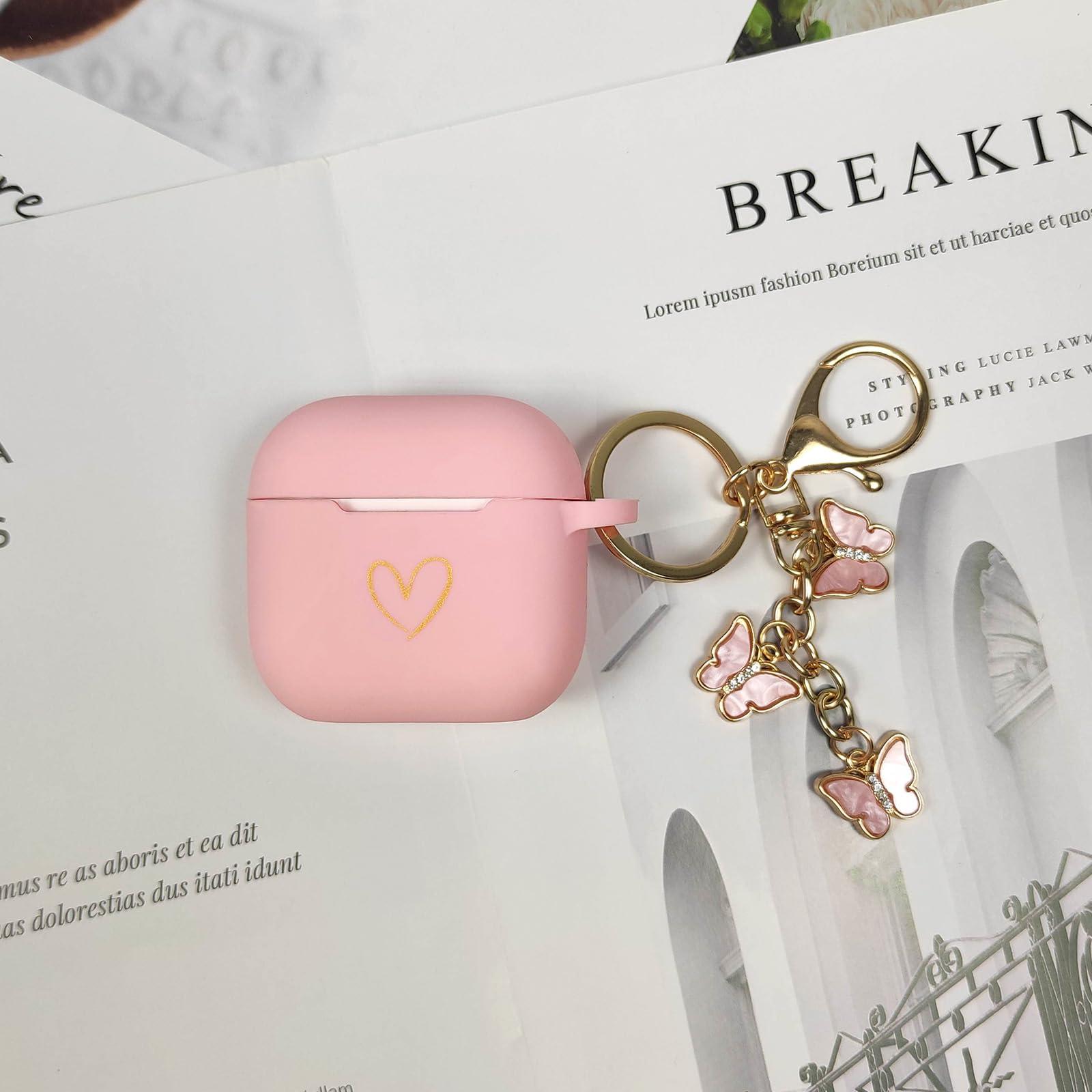 AIIEKZ AIIEKZ Compatible AirPods 4 Case Cover, Soft Silicone Case with Gold Heart Pattern for AirPods 4th Gen, Cute Butterfly Keychain for Girls Women (Pink)