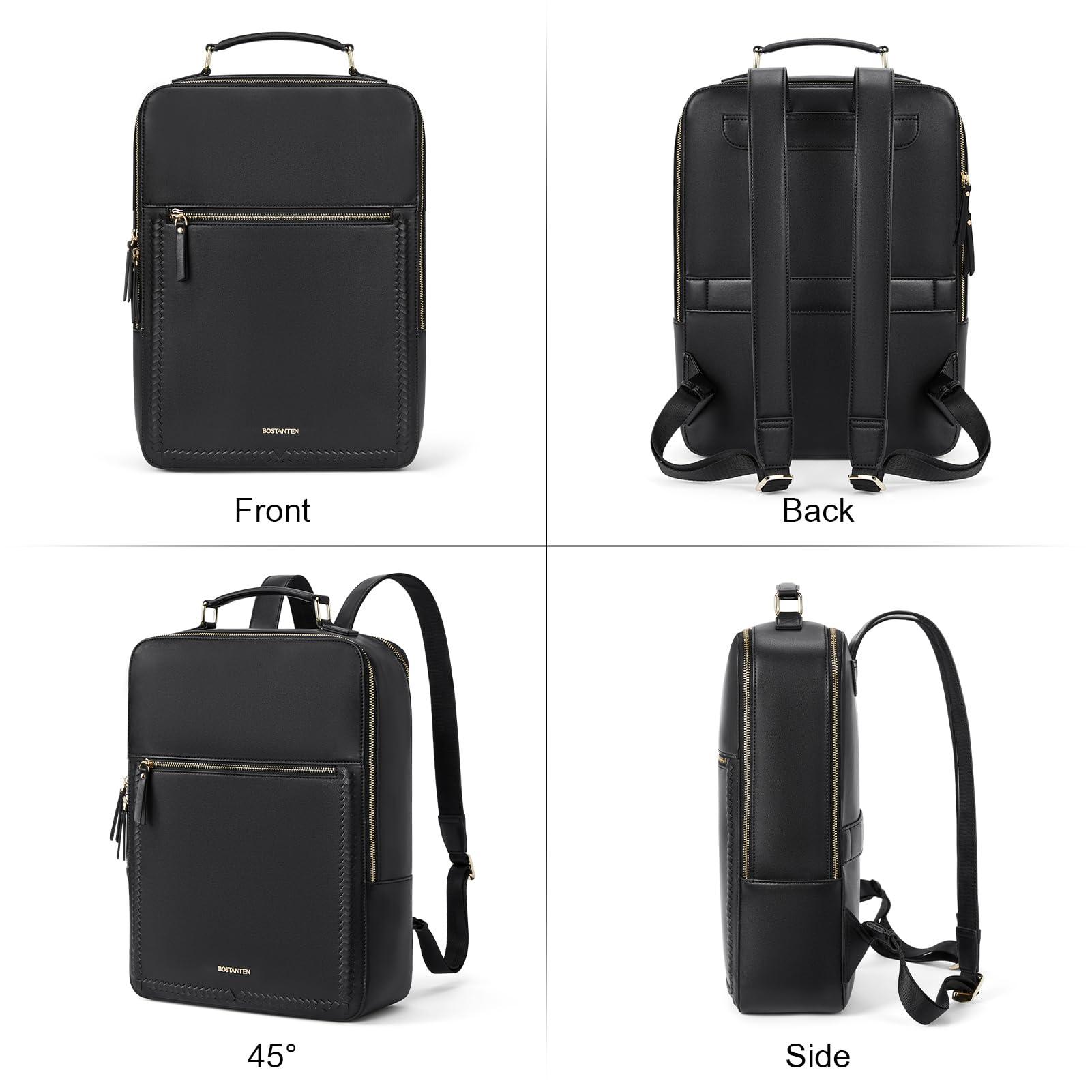 BOSTANTEN BOSTANTEN Leather Backpack 15.6 inch Laptop Bag Travel Casual Computer Backpack College Business Work Shoulder Bags with Trolley Sleeve for Women Men Black