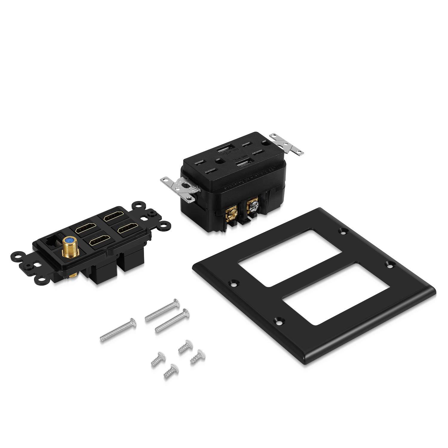 TNP Products TNP Multimedia Outlet Box (Black) - HDMI Outlet Wall Plate with USB Charging, USB Wall Plate Charger and Power Outlet 15A, 4 HDMI Ports, 1 Cat6 RJ45 Ethernet Port, Coaxial Cable Outlet, Keystone Jack