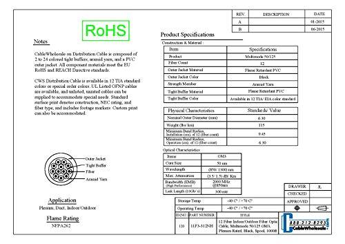 CableWholesale CableWholesale 12 Fiber Indoor/Outdoor Fiber Optic Cable, OM3 Multimode 50/125, Plenum Rated, Black, Spool, 1000 feet