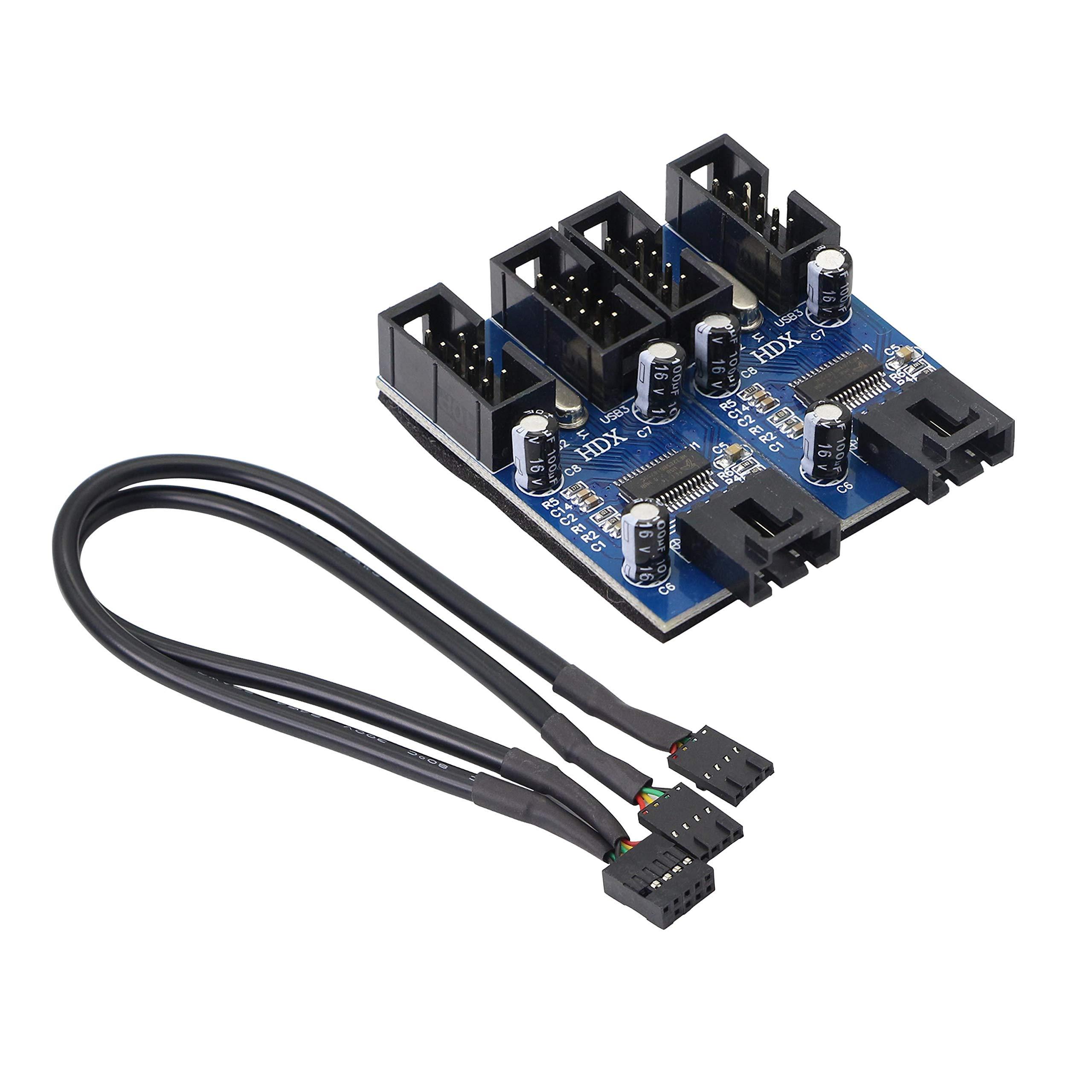 XMSJSIY Motherboard USB 9 Pin Header Hub Male 1 to 2/4 Female USB 2.0 Splitter Extension Cable, USB 9-pin Internal Cable 9 pin Connector Adapter for Port Multiplier (35cm)