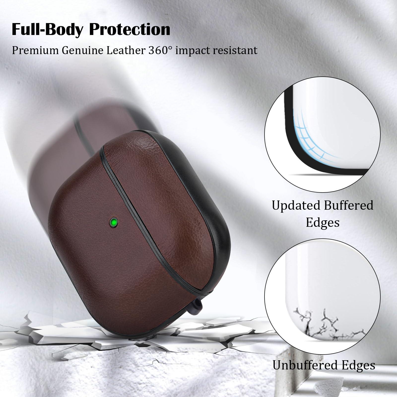 V-MORO V-MORO Compatible with Airpods 4 Case Cover Genuine Leather AirPod 4th Generation(2024) Case Men [Front LED Visible] iPod 4 Leather Hard Protective Covers Ear Skin Dark Brown