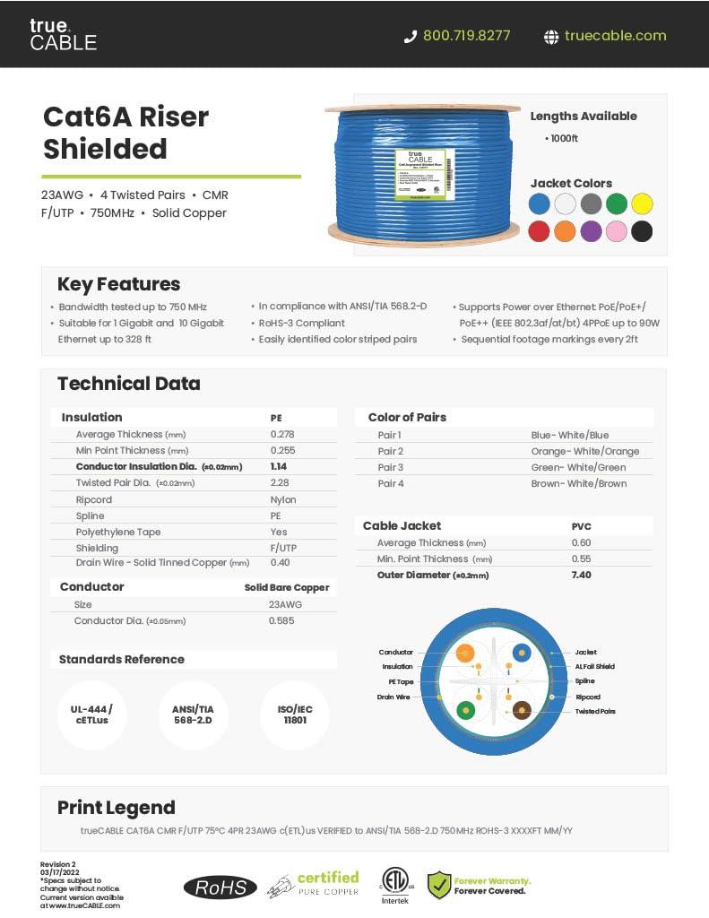 TRUE CABLE trueCABLE Cat6A Shielded Riser (CMR), 1000ft, Yellow, 23AWG Solid Bare Copper, 750MHz, PoE++ (4PPoE), ETL Listed, Overall Aluminum Foil Shield (F/UTP), Bulk Ethernet Cable