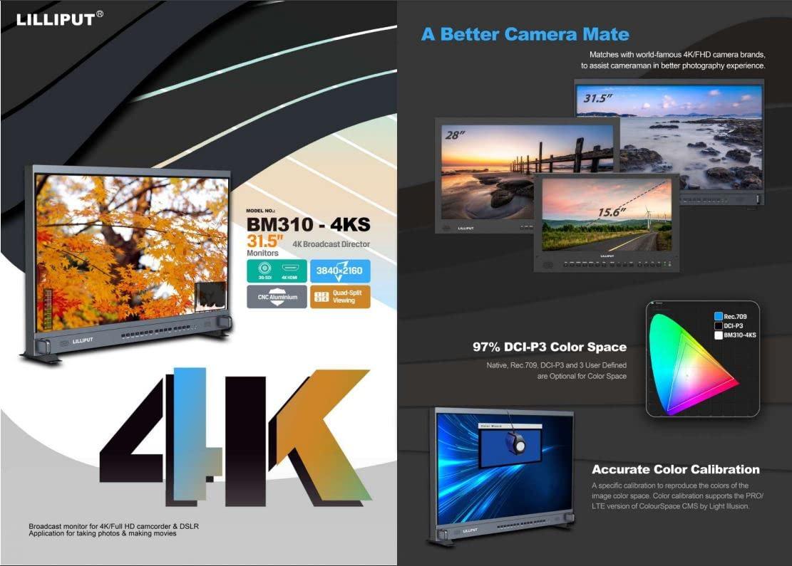 LILLIPUT LILLIPUT 31.5" BM310-4KS-VBP Broadcast Monitor 4K/Full HD for Taking Photos & Making Movies with Multiple Signal inputs 3G SDI, HDMI, DVI and VGA Quad View Split, 3D LUT, HDR with V Mount Plate