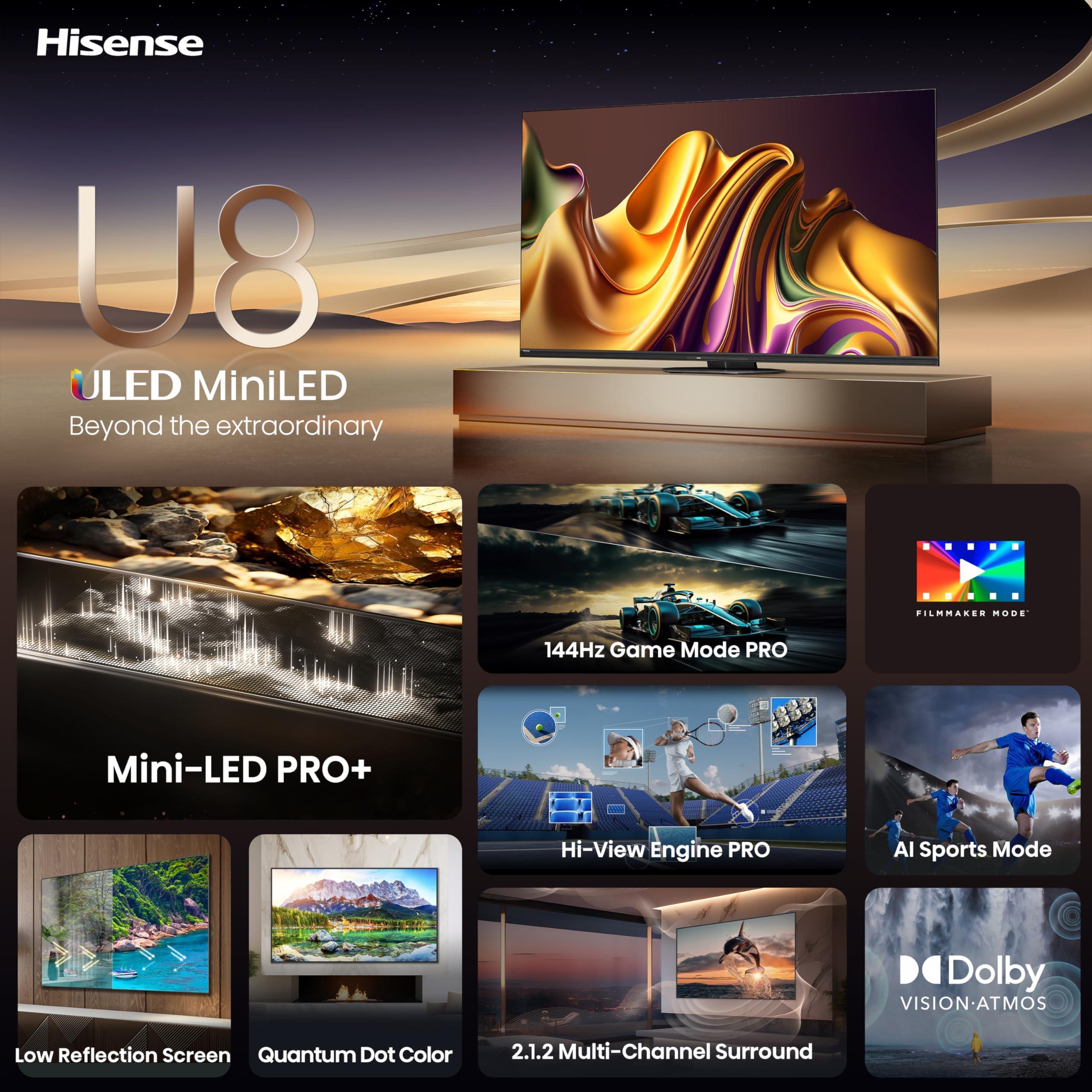 Hisense Hisense 65-Inch Class U8 Series Mini-LED ULED 4K UHD Google Smart TV (65U8N) - QLED, Dolby Vision IQ, Dolby Atmos, Full Array Local Dimming Pro, 144Hz Game Mode Pro, Alexa Compatibility