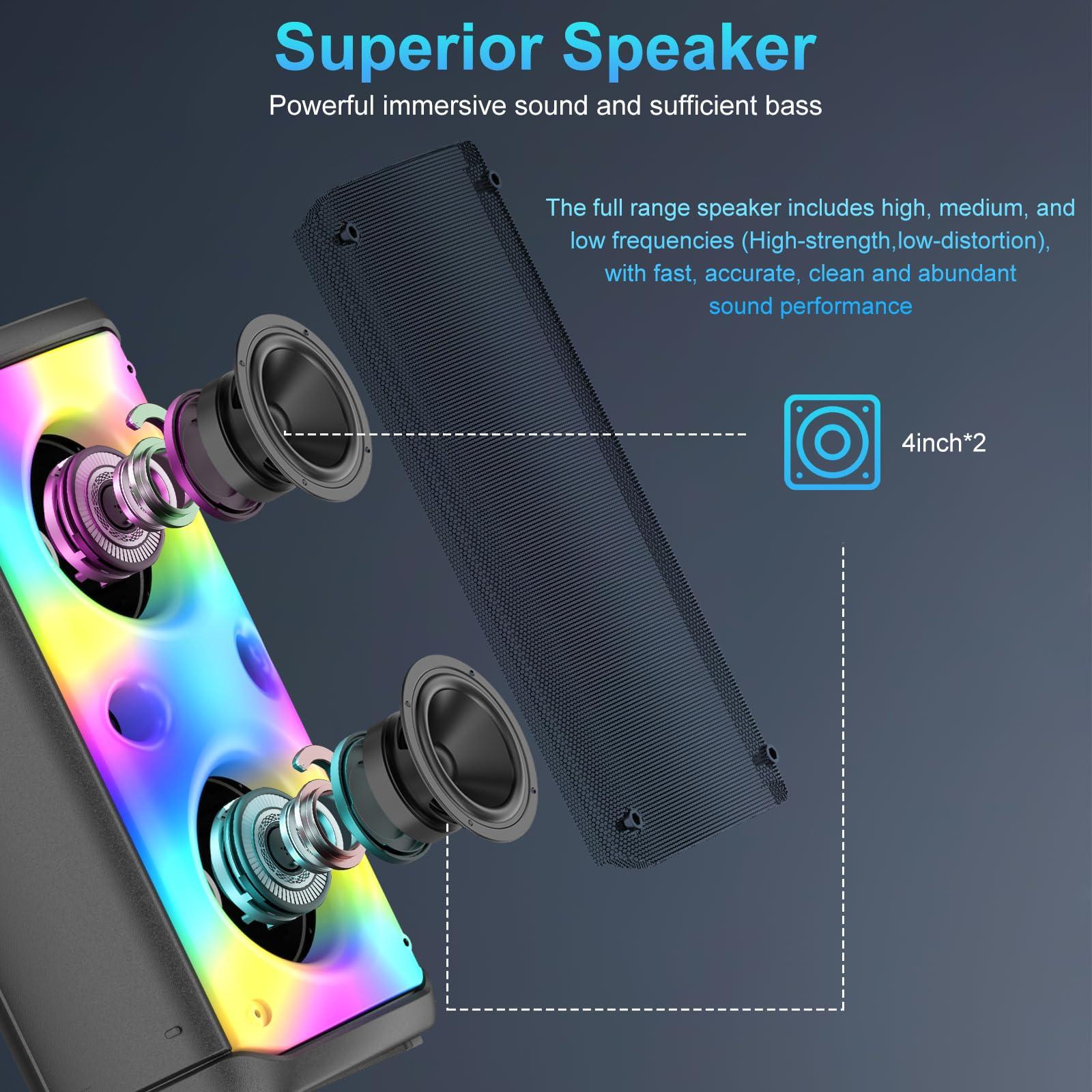 TAMPROAD TAMPROAD Bluetooth Speaker, 80W Peak Wireless TWS Portable Outdoor Party Speakers with Subwoofer, Deep Bass, LED Colorful Lights, Loud Stereo Sound Boombox with Radio for Home, Camping, Travel