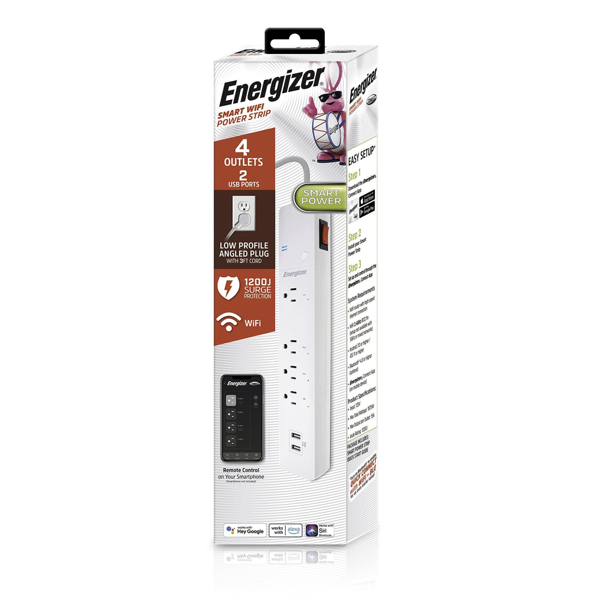 XTREME DIGITAL LIFESTYLE ACCESSORIES Energizer Smart Wi-Fi 4 Outlet 2 USB Power Strip, 1,200 Joules, Powers 4 Separate Items, Charge Compatible Devices, Compatible with Alexa/Siri/Google Assistant