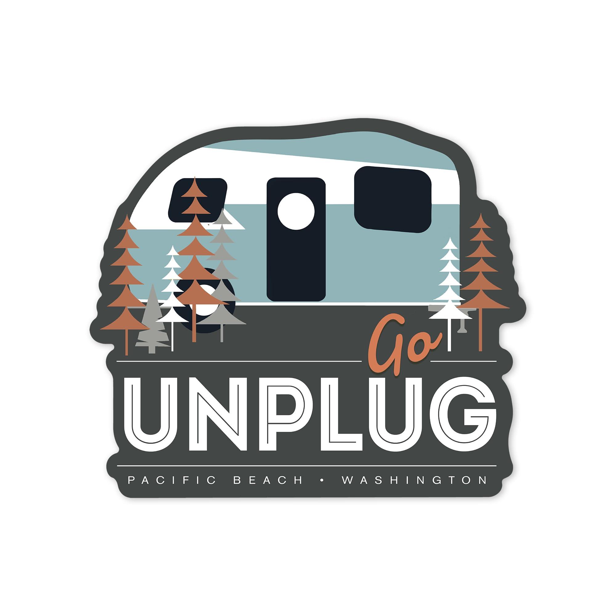 Lantern Press Die Cut Sticker Pacific Beach, Washington, Go Unplug, Vector Retro Camper, Vinyl Sticker 1 to 3 inches (Waterproof Decal for Cars, Water Bottles, Laptops, Coolers), Small