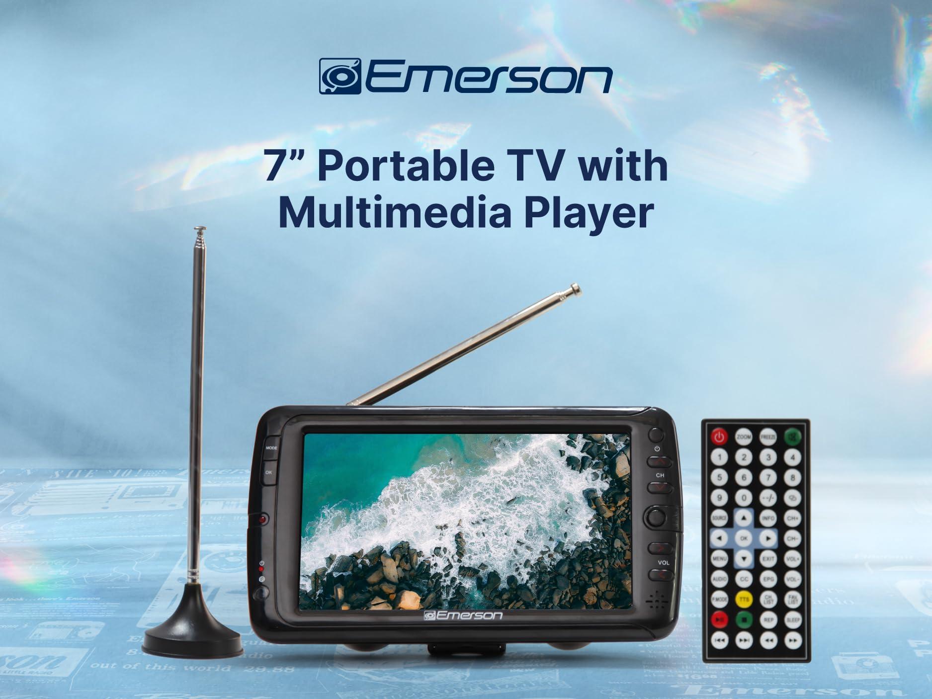 Emerson Emerson ET-7000 7" Portable Handheld Digital TV with Built-in Rechargeable Battery, HD Display, Multimedia Playback, USB/SD Card Support, and AC/DC Adapter | Compact TV for Home or Travel