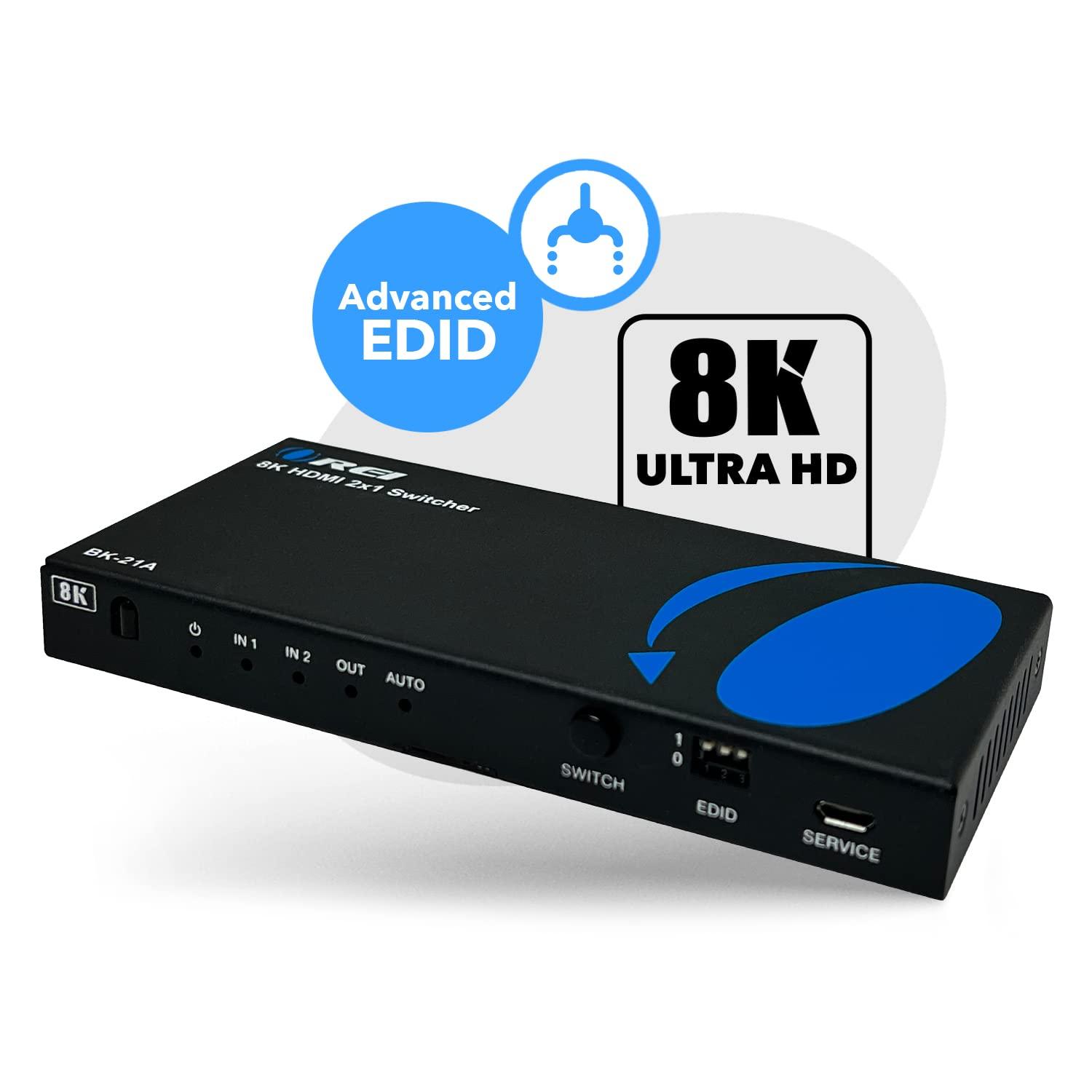 OREI OREI 8K HDMI 2.1 Switch 4K@120hz Switcher 2 in 1 Out, with Audio Extraction 48Gbps Bandwidth, Ideal for Gaming and Streaming (BK-21A)