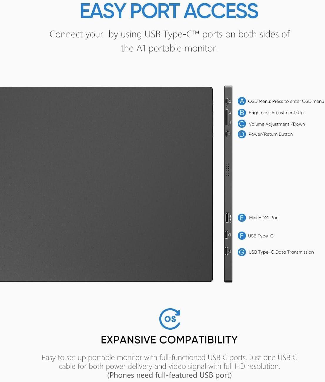 ARZOPA ARZOPA Portable Monitor 15.6\'\' FHD 1080P - Ultra-Slim Portable Laptop Monitor with Kickstand - IPS Display for PC, MAC, Phone, Xbox, PS5 - USB C & HDMI Connectivity - A1