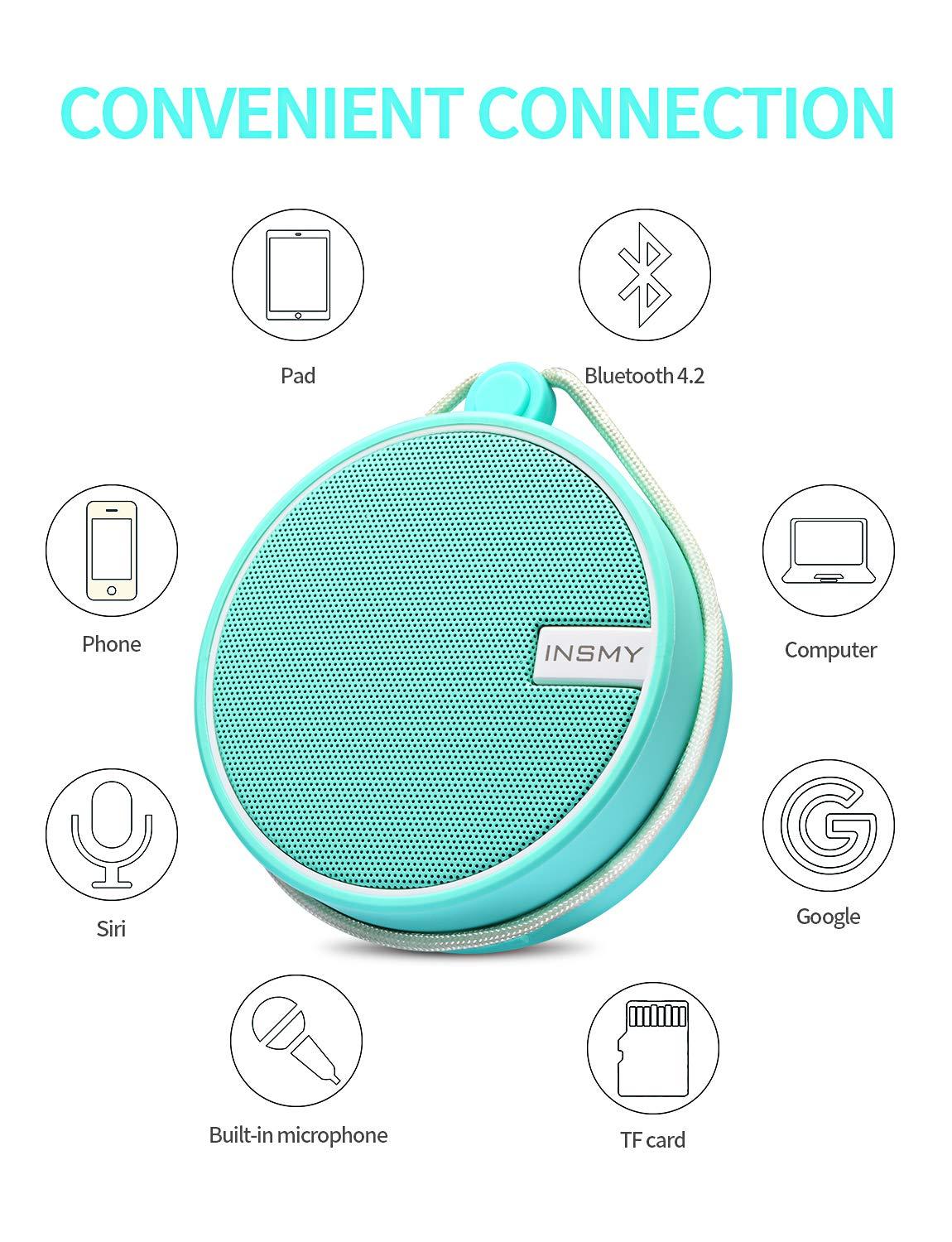 INSMY INSMY C12 IPX7 Waterproof Shower Bluetooth Speaker, Portable Small Speaker, Speakers Bluetooth Wireless Loud Clear Sound Support TF Card Suction Cup for Outdoor Kayak Canoe Beach Gift (Mint)