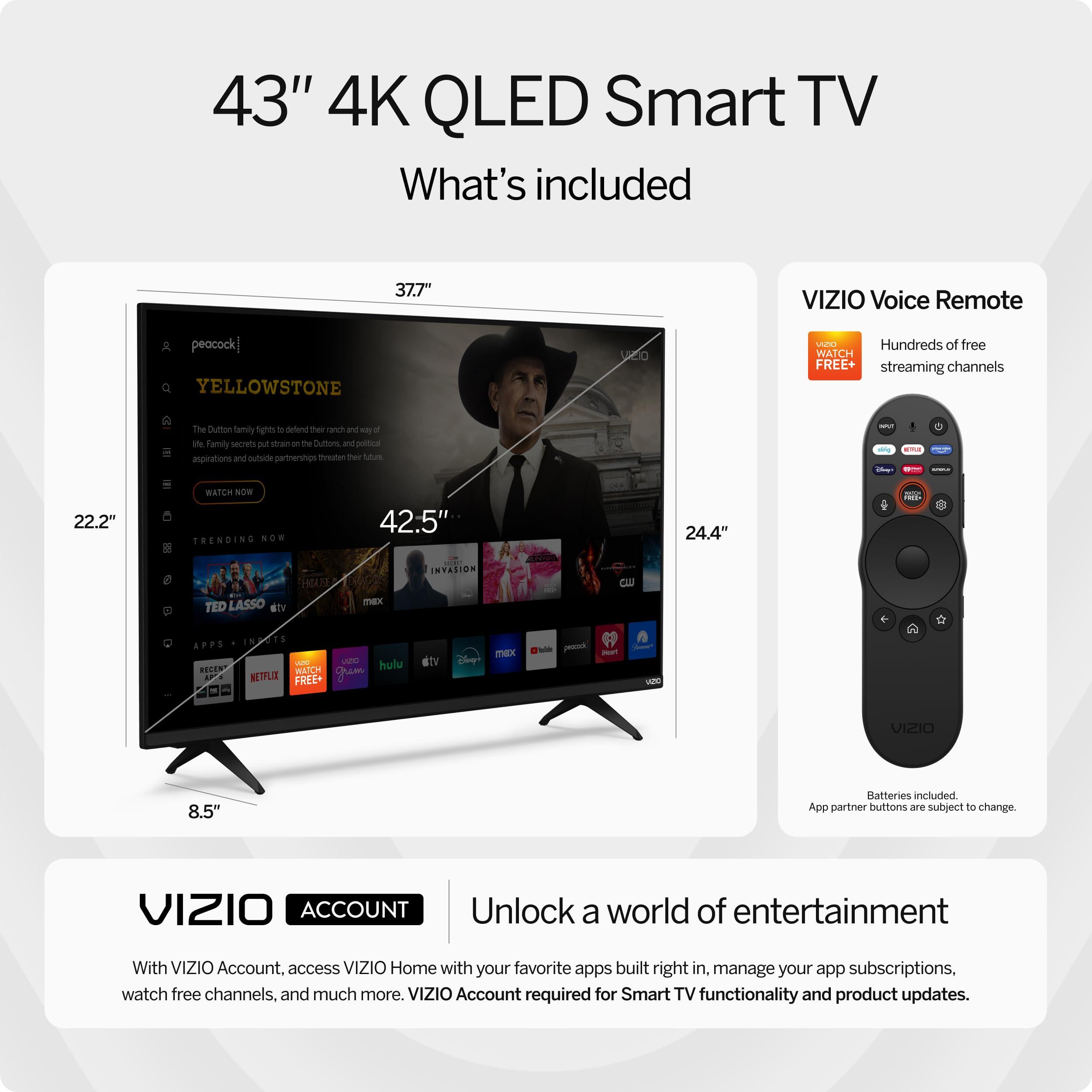 VIZIO VIZIO 43-inch Quantum 4K QLED HDR Smart TV w/Dolby Vision HDR, 120fps @1080p PC Gaming, WiFi 6, Bluetooth Headphone Capable, Apple AirPlay, Google Cast Built-in (VQD43M-0801, New)