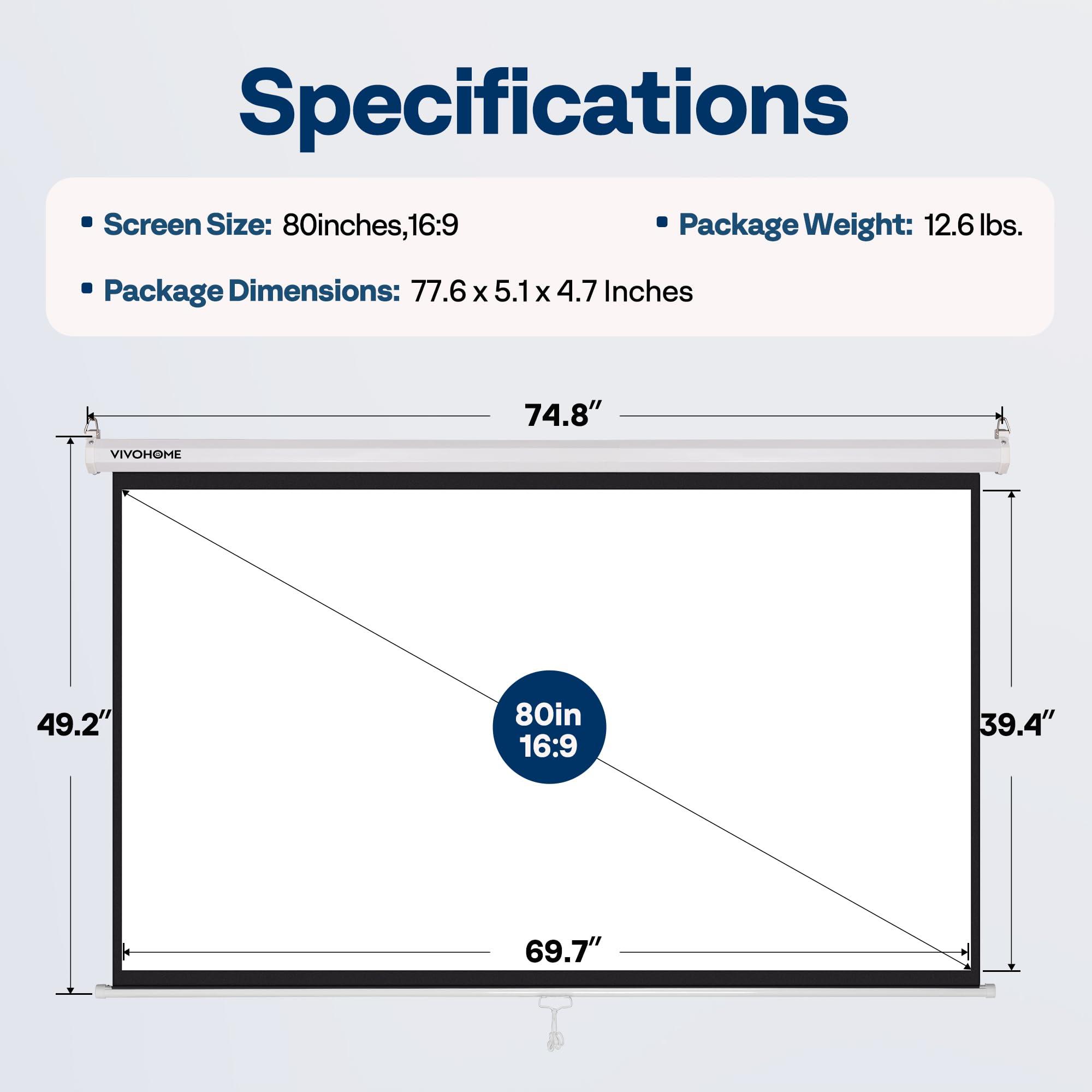 VIVOHOME VIVOHOME Projector Screen Pull Down, 16:9 80 Inch Retractable Projection Screen, HD 4K Manual Pull Movie Screen for Home Theater, Cinema, Office (70x40 Inch White)