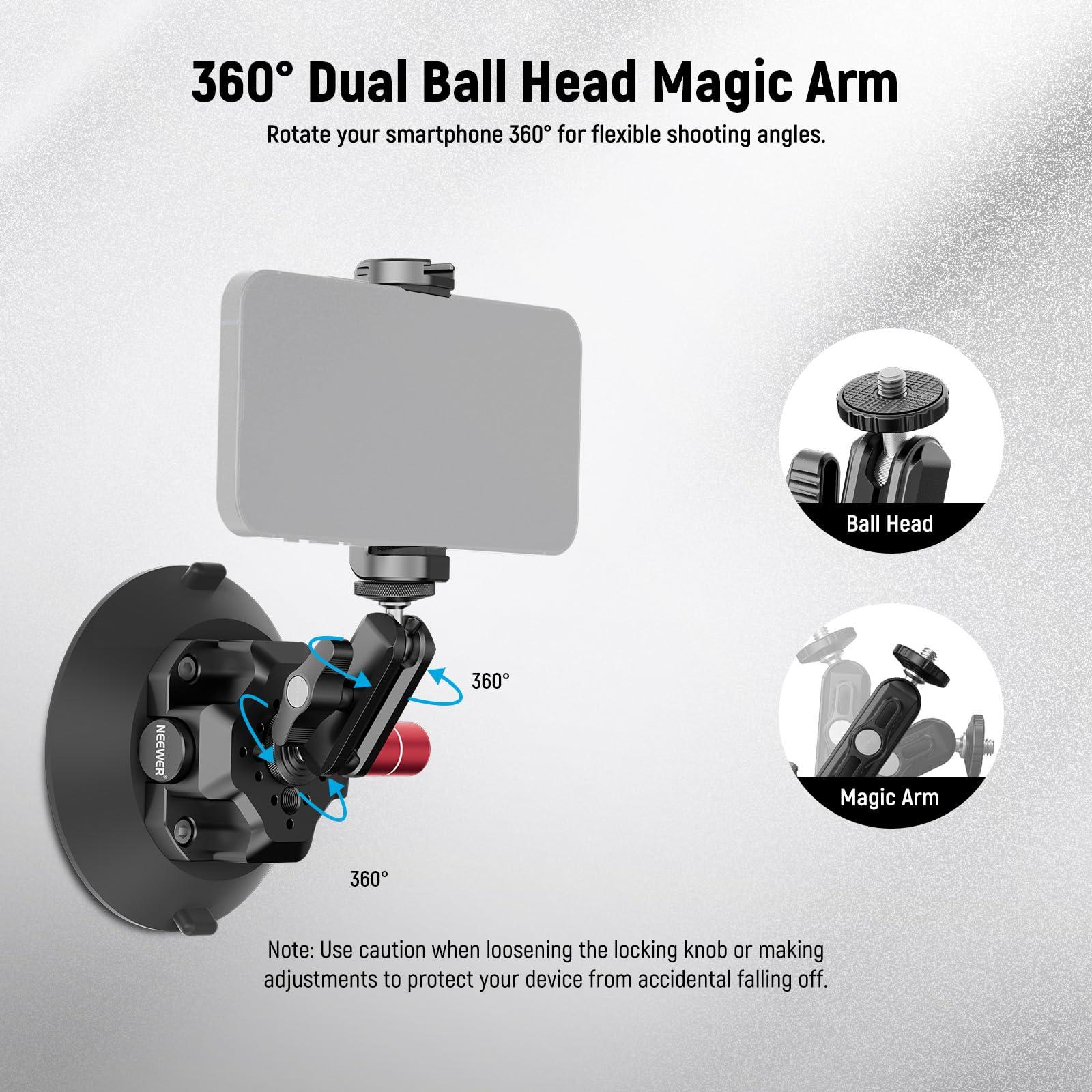 NEEWER NEEWER 4.5" Suction Cup Camera Mount with Ball Head Magic Arm, 1/4" 3/8" ARRI Holes, Quick Release Car Mount with Phone Holder & Action Cam Adapter Compatible with iPhone DJI Insta360, CA105