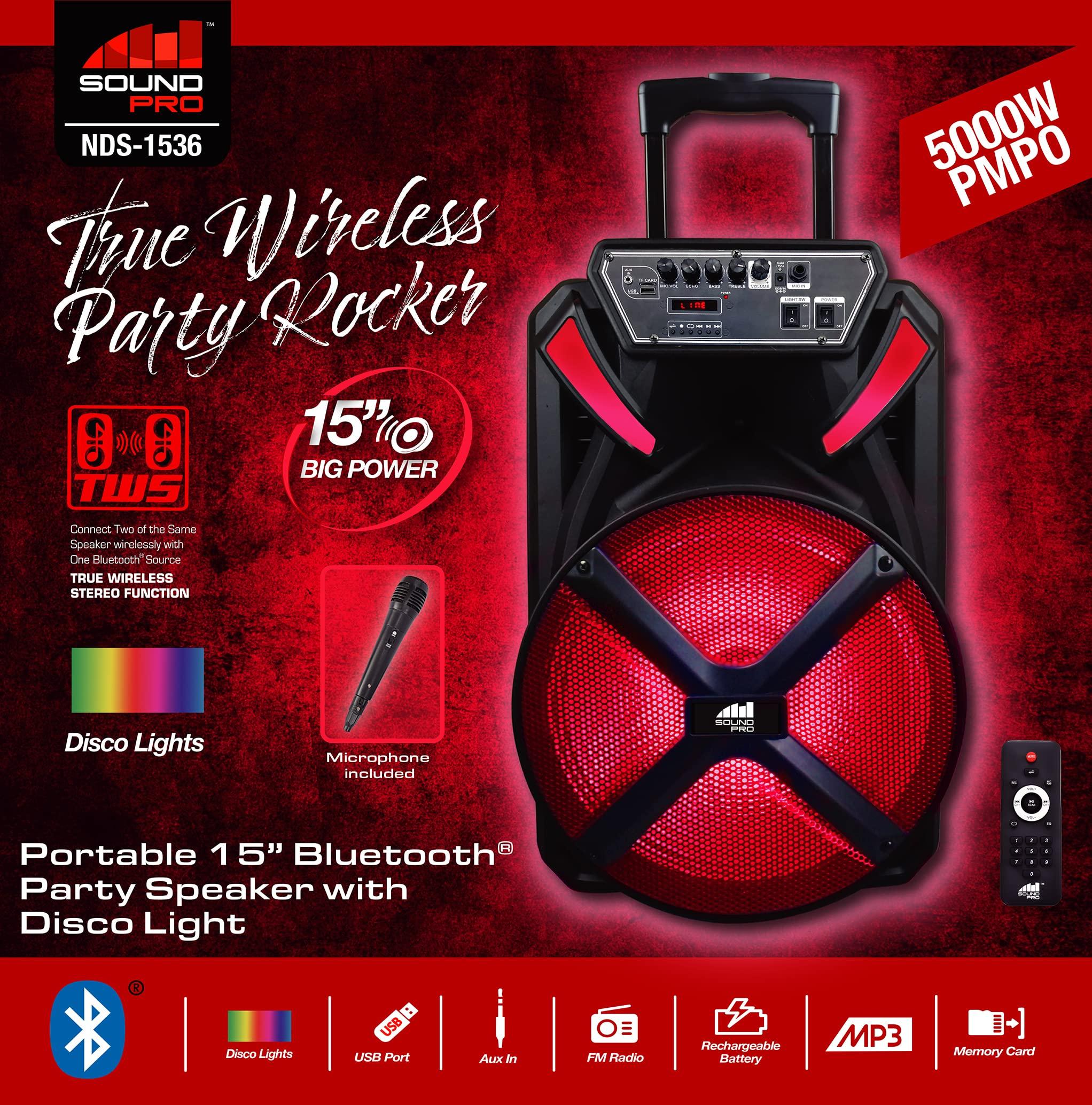 Naxa Naxa Electronics NDS-1536 Portable 15-inch Bluetooth Party Speaker with Disco Light, Up to 2 Hours Play Time, Microphone, FM Tuner, USB Port, MicroSD Card Slot, and 3.5mm Input, Black