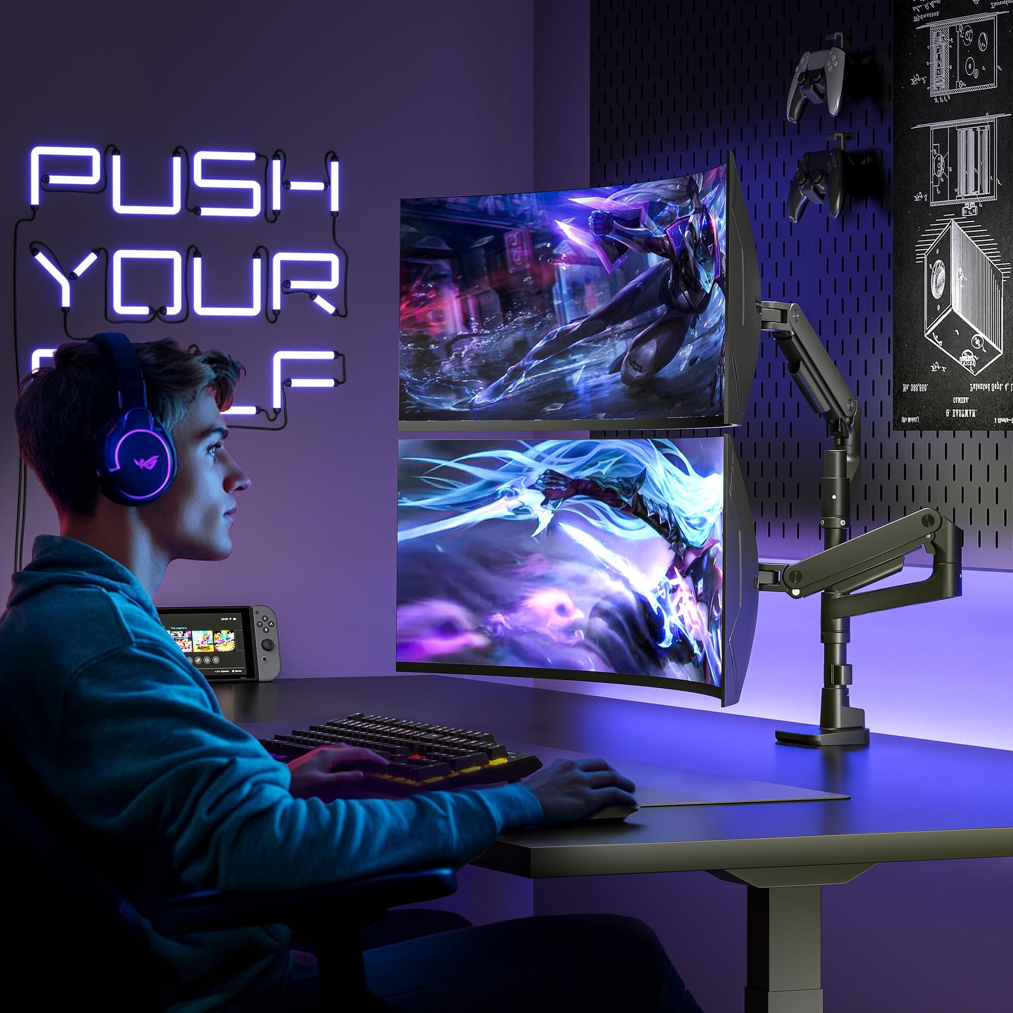 ARES WING ARES WING Dual Monitor Arm Desk Mount for 17-49 Inch Ultrawide Monitors, Heavy Duty Dual Monitor Mount Holds 44 lbs, Full Motion Gas Spring Vertical Stacked Monitor Mount, 75/100 VESA Mount, Black