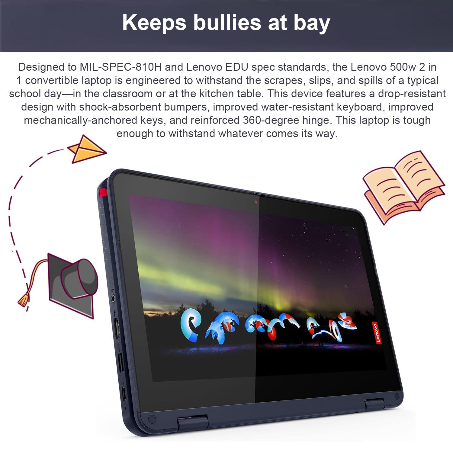 Lenovo Lenovo 500w Gen 3 Student 2-in-1 Laptop, 11.6" HD Touchscreen, Intel Pentium Silver N6000, 8GB RAM, 128GB SSD, HDMI, Webcam, MicroSD Card Reader, Touchpad, Wi-Fi 6, Windows 11 Home, Black