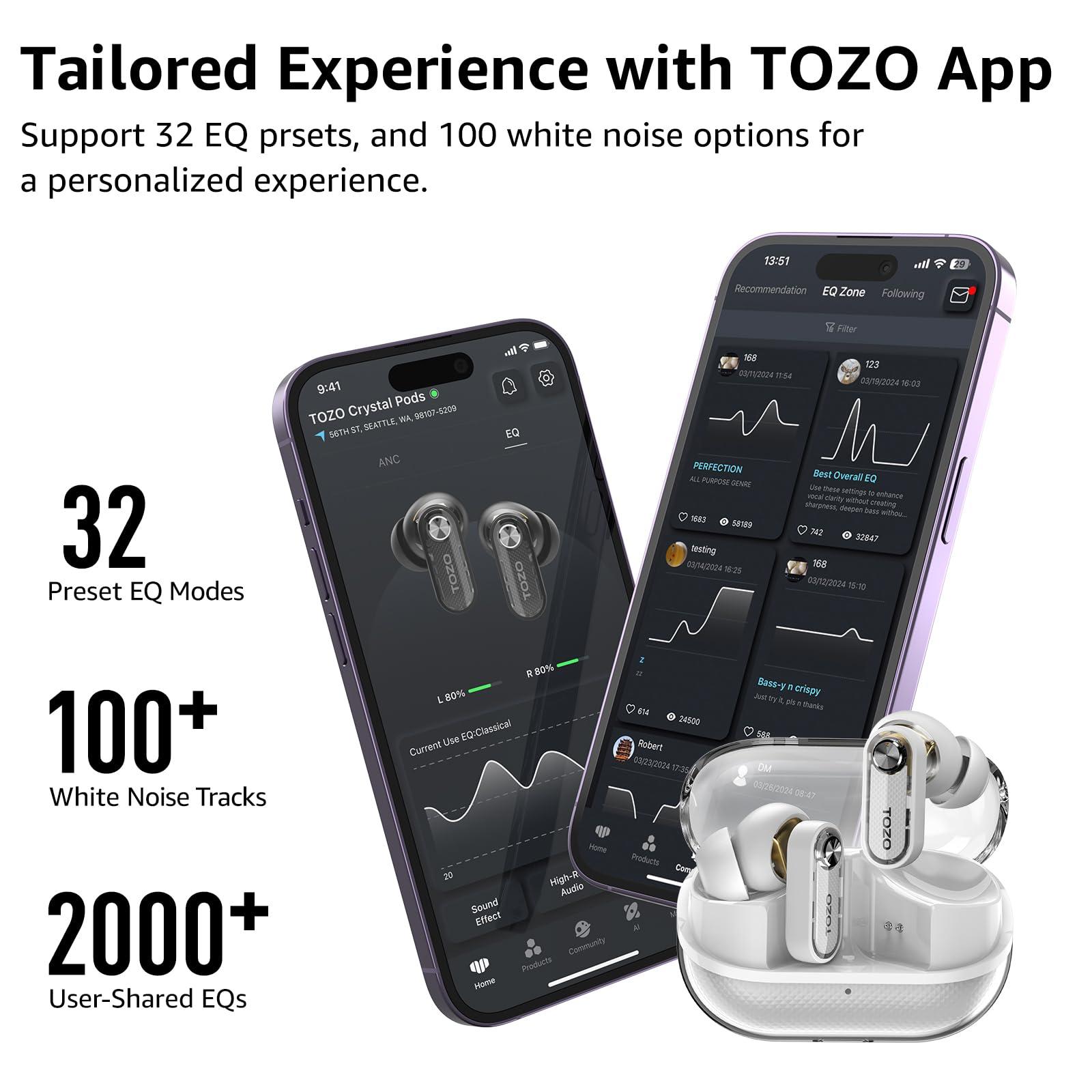 TOZO TOZO Hybrid Active Noise Cancelling Wireless Earbuds, Bluetooth 5.4 Headphones, 10mm Drivers Deep Bass Stereo Sound, 4 Mics ENC AI Clear Calls, 32 EQ Customization via App, Crystal Case Design