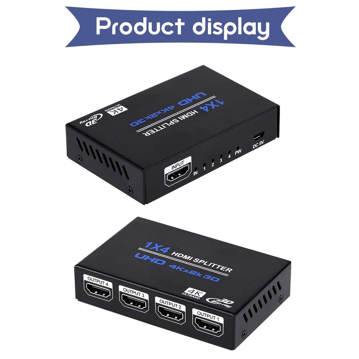ENBUER 1x4 HDMI Splitter, 1 in 4 Out HDMI Splitter Audio Video Distributor Box Support 3D & 4K x 2K Compatible for HDTV, STB, DVD, PS3, Projector Etc, Duplicate/Mirror Screen Only (Not Extend)