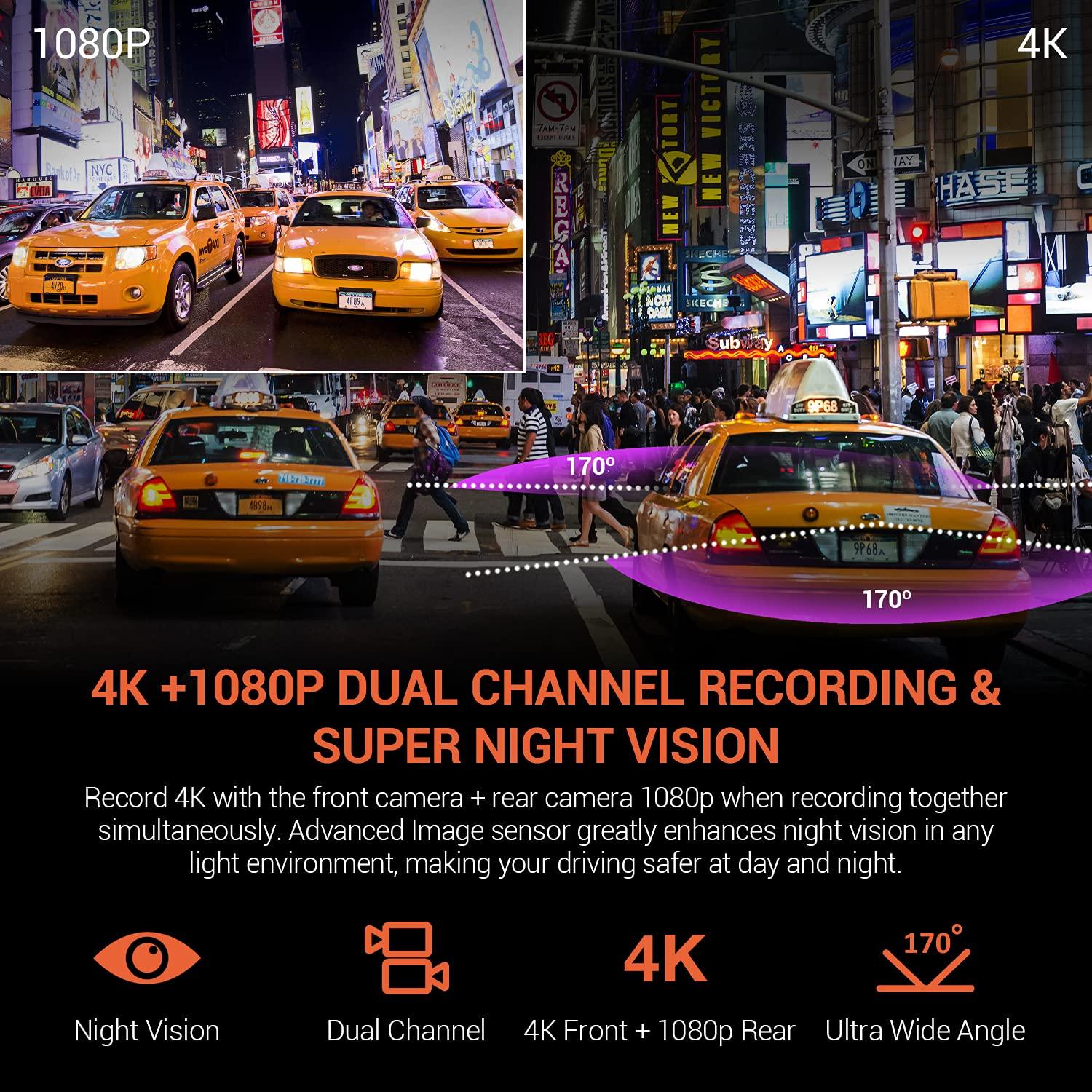 RexingUSA RexingUSA V1P 4K Dual Channel Dash Cam 4K+1080p w/Wi-Fi, 2.4 LCD, 170 Wide Angle, Rear Camera, Supercapacitor, G-Sensor, WDR, Loop Recording, Mobile App