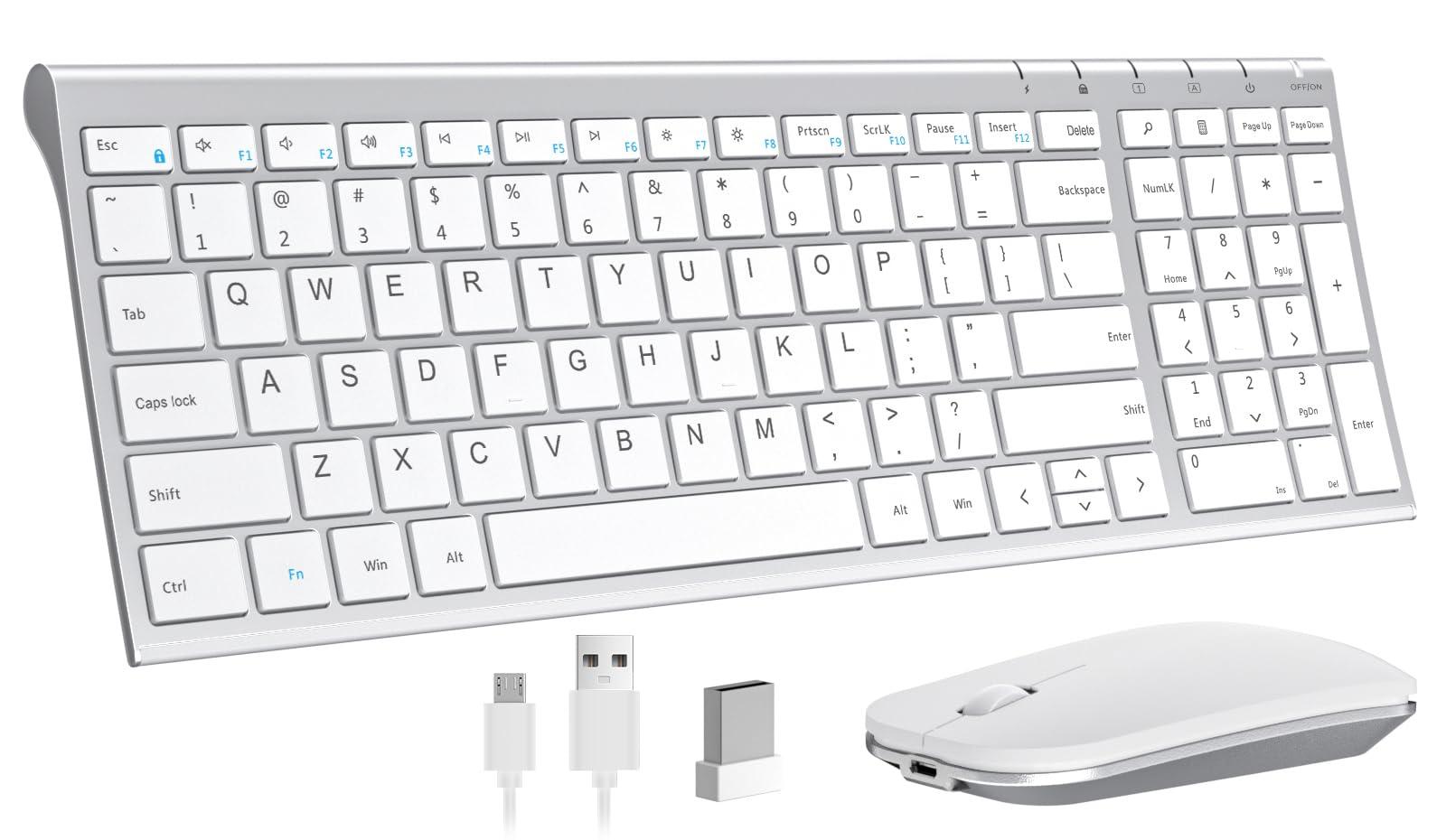 seenda seenda Rechargeable Wireless Keyboard Mouse, Ultra Thin Low Profile Wireless Keyboard and Mouse with Number Pad, Quiet Portable Combo Compatible for Windows XP/7/8/10/11/11 Pro, Silver White