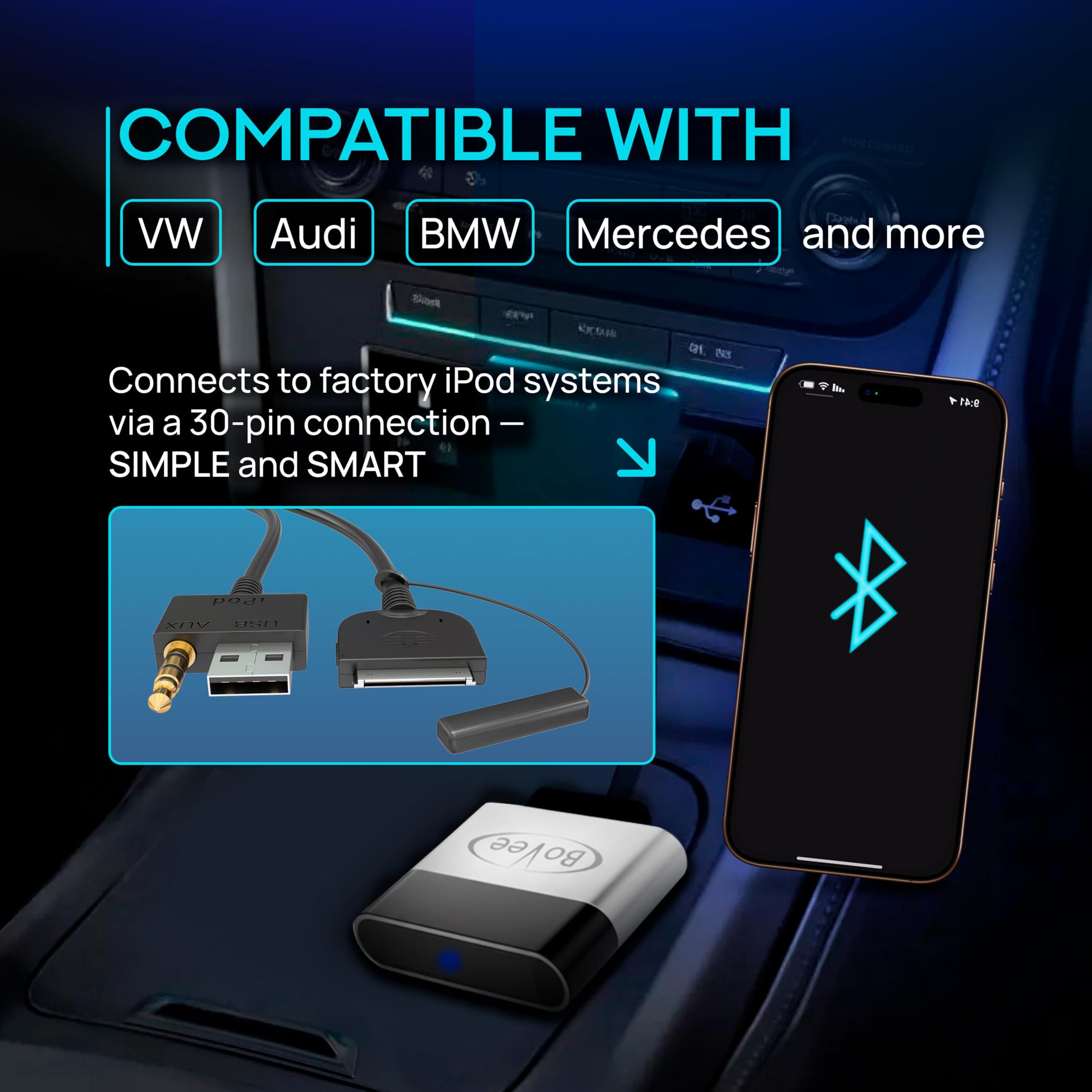 Bovee Bovee 1000 - Wireless Music Interface Adaptor Compatible with Audi, Mercedes, and Volkswagen car kit with 30 pin iPod Connector - Compatible with iPhone and Android