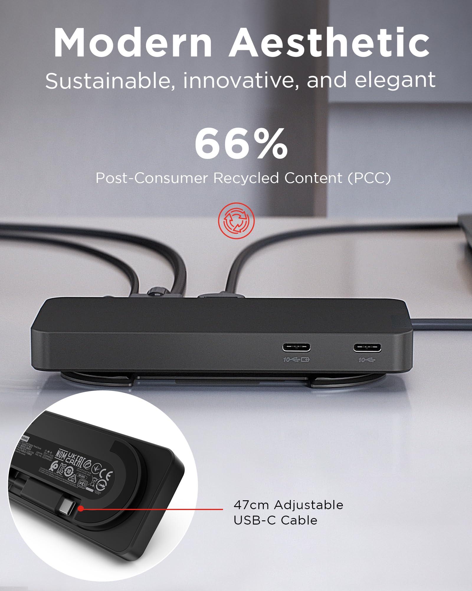 Lenovo Lenovo USB-C Dual Display Travel Dock - 7 Ports, Integrated USB-C Cable, Universal Compatibility, Dual Displays at 4K - Black