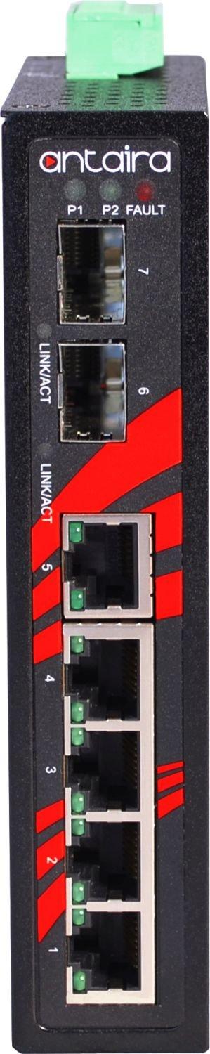 Antaira Technologies Antaira LNX-0702C-SFP Industrial-Grade 7-Port Unmanaged Fast Ethernet Switch, 2 SFP Slots, DIN-Rail Mount, -10 to 70C Operating Temperature, Redundant 12 to 48 VDC Power Input