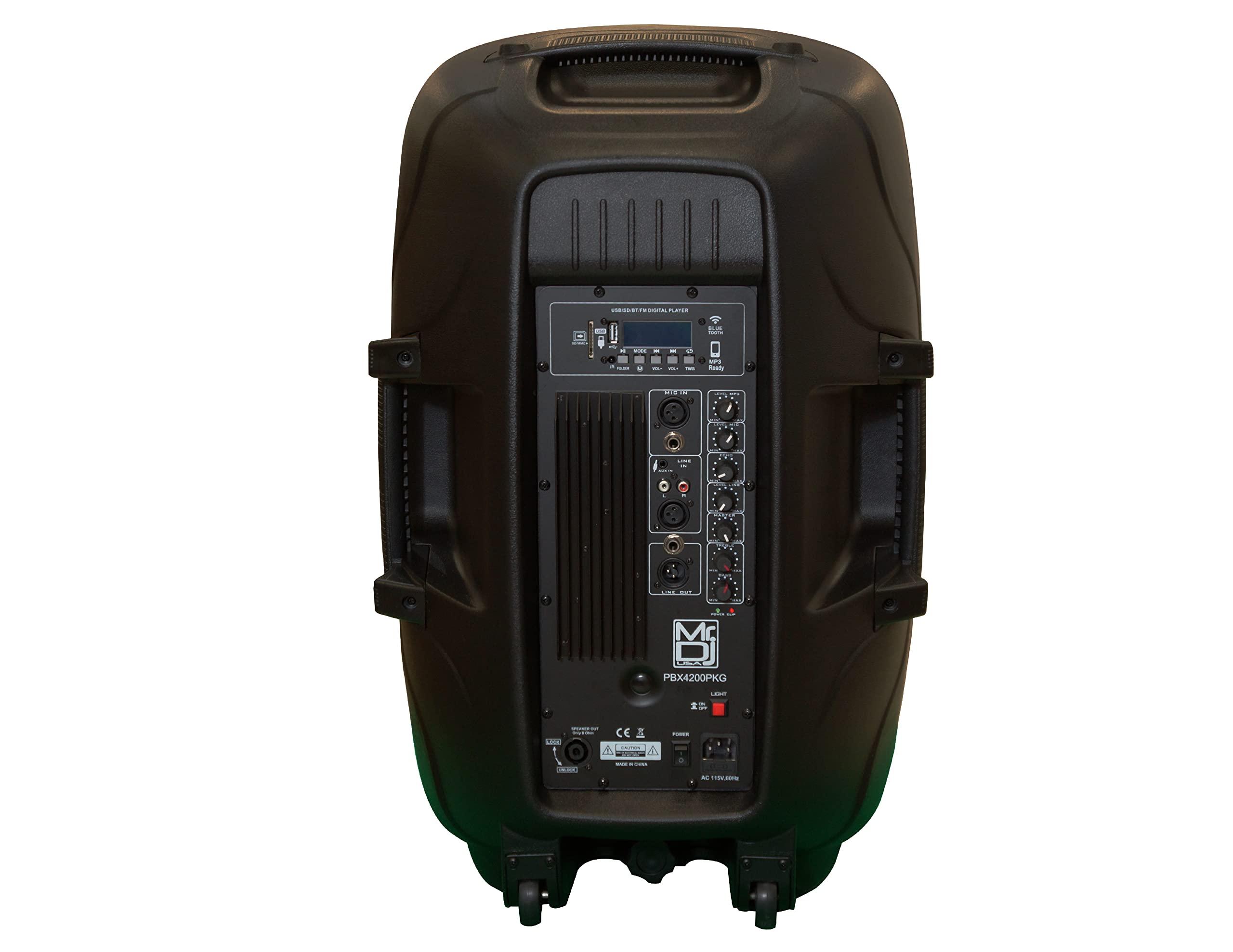 Mr. Dj Mr. Dj PBX-4200PKG 15" Powered PA DJ Speaker 2-Way Full Range Portable PA Speaker System Combo Set with Stands/Illuminating Light/Microphone/EQ/USB/Bluetooth