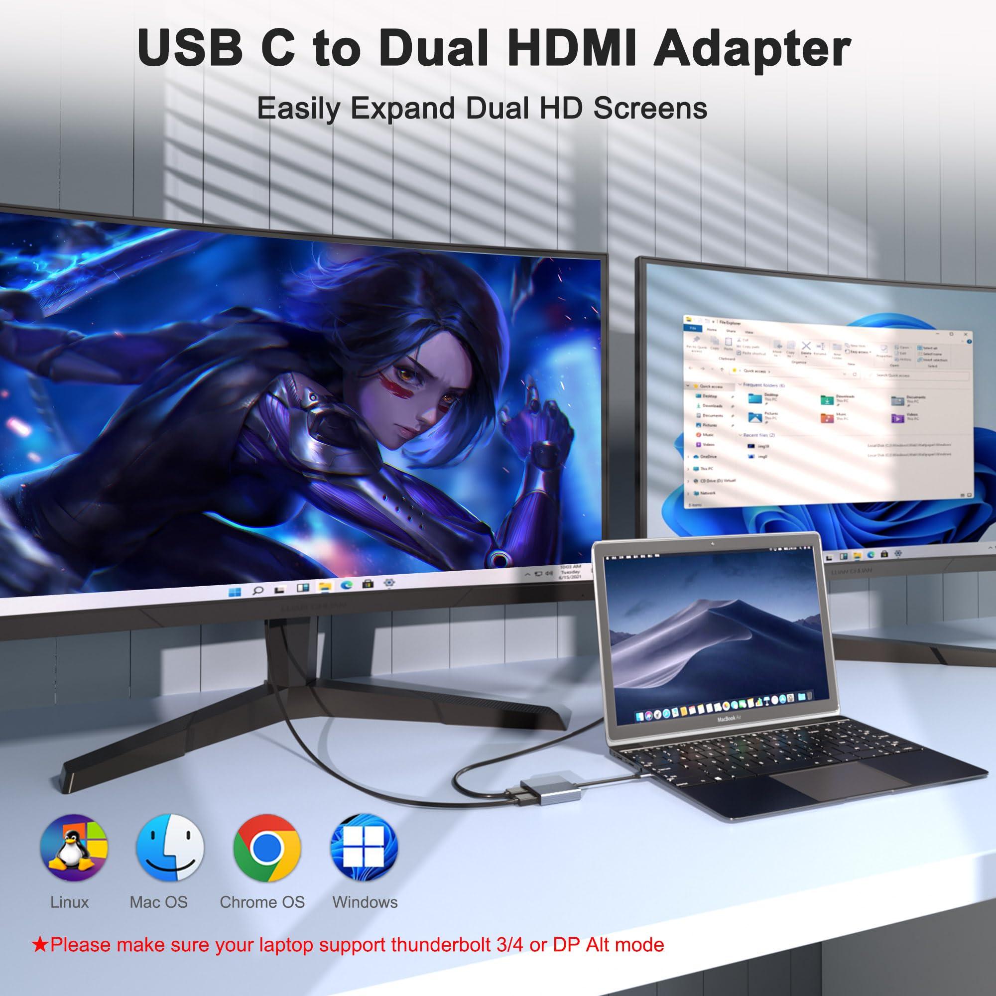 Movcle Docking Station Dual Monitor, USB C Docking Station, HDMI Splitter Extended Display, 4K Dual HDMI Adapter for 2 Monitors, Dual Monitor Adapter, USB Type-C Hub for Dell/HP/Lenovo/Mac Laptops