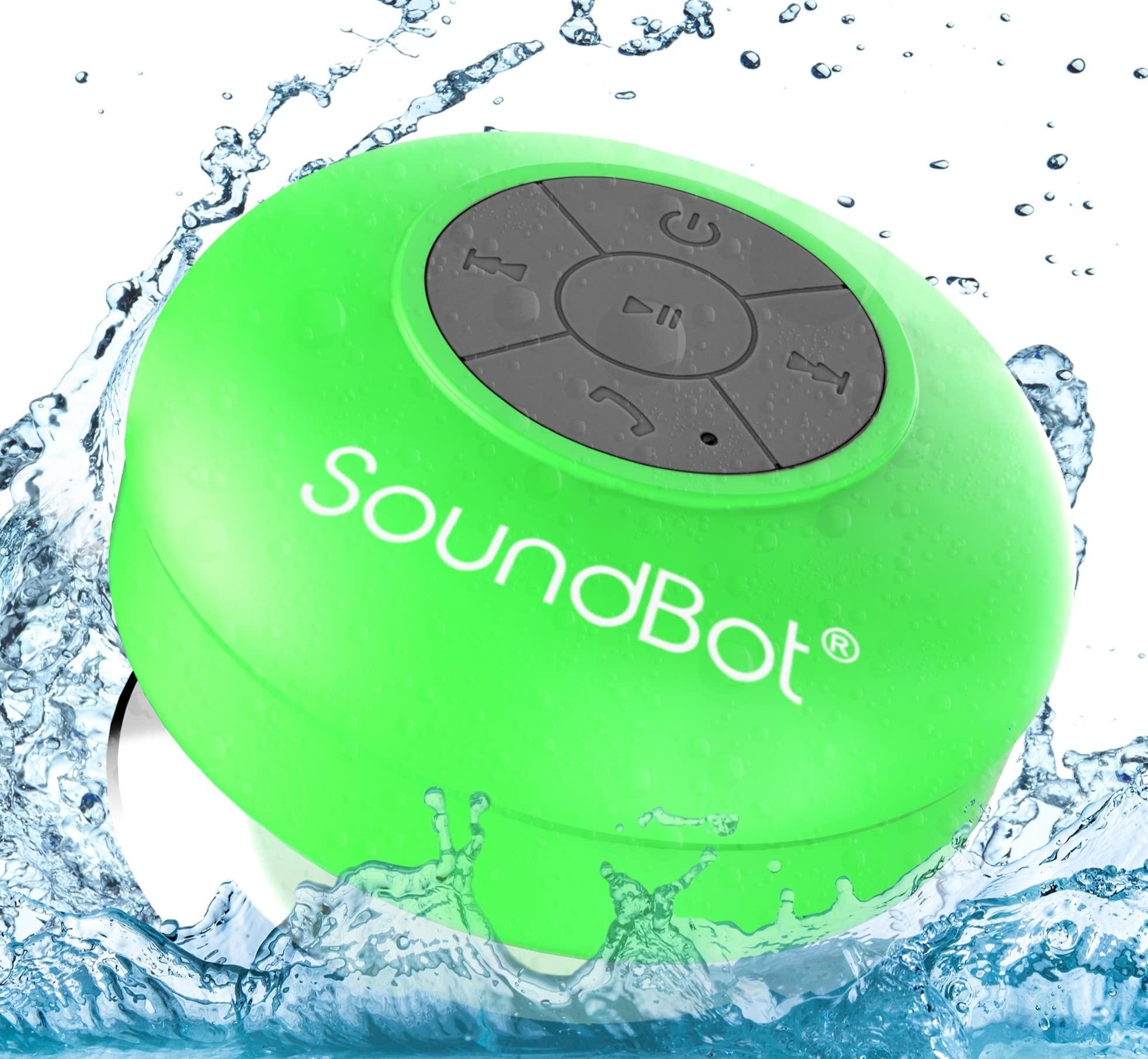 Soundbot Soundbot SB510 HD Water Resistant Bluetooth Shower Speaker, Handsfree Portable Speakerphone with Built-in Mic, 6hrs of Playtime, Control Buttons and Dedicated Suction Cup for Showers (Green)