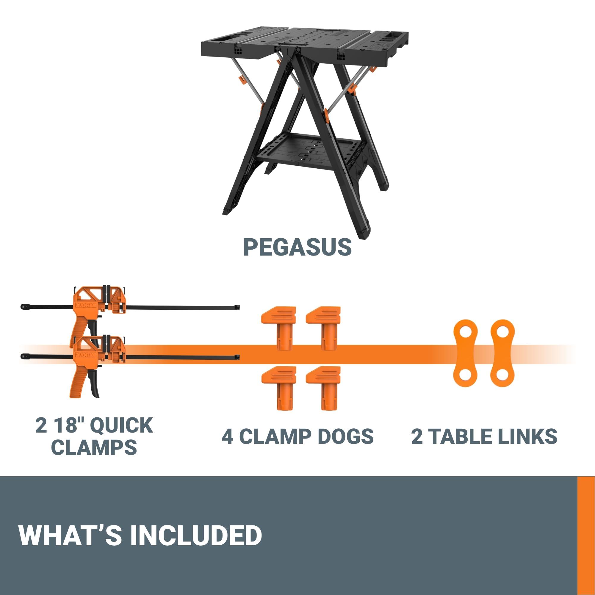 WORX Worx Pegasus 2-in-1 Folding Work Table & Sawhorse, Easy Setup Portable Workbench, 31\" W x 25\" D x 32\" H Lightweight Worktable with Heavy-Duty Load Capacity, WX051 - Includes 2 Clamps & 4 Clamp Dogs