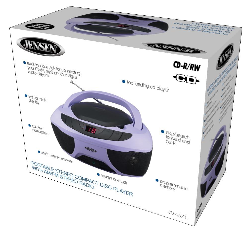Jensen Jensen CD-475PL Portable Sport Stereo Boombox CD Player with AM/FM Radio and Aux Line-in & Headphone Jack (Lavender Purple)