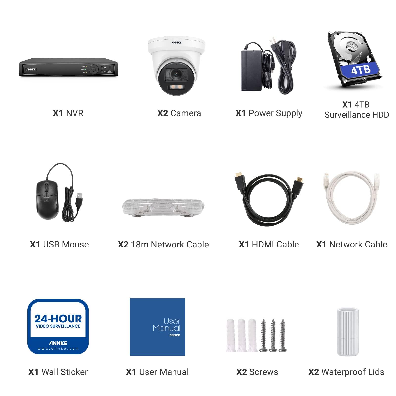 ANNKE ANNKE NCK800 4K Security Camera System with 8MP Full Color Night Vision, 2pcs H.265+ PoE Wired Turret 4K Cameras with AI Human Detection, 8CH NVR Recorder with 4TB HDD for 24/7 Video Recording