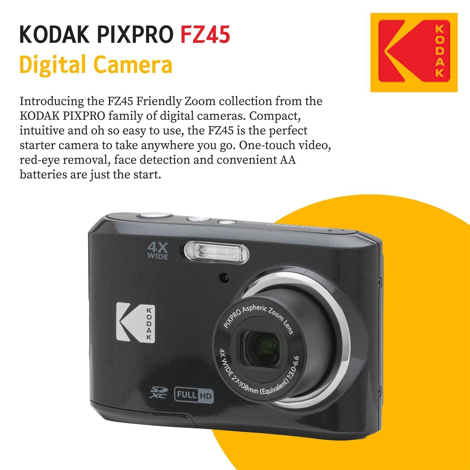 PHOTO4LESS Kodak PIXPRO FZ45 Digital Camera Bundle with Black Point & Shoot Camera Case + Transcend 64GB SD Memory Card + Tri-fold Memory Card Wallet + Hi-Speed SD USB Card Reader + More (Black)