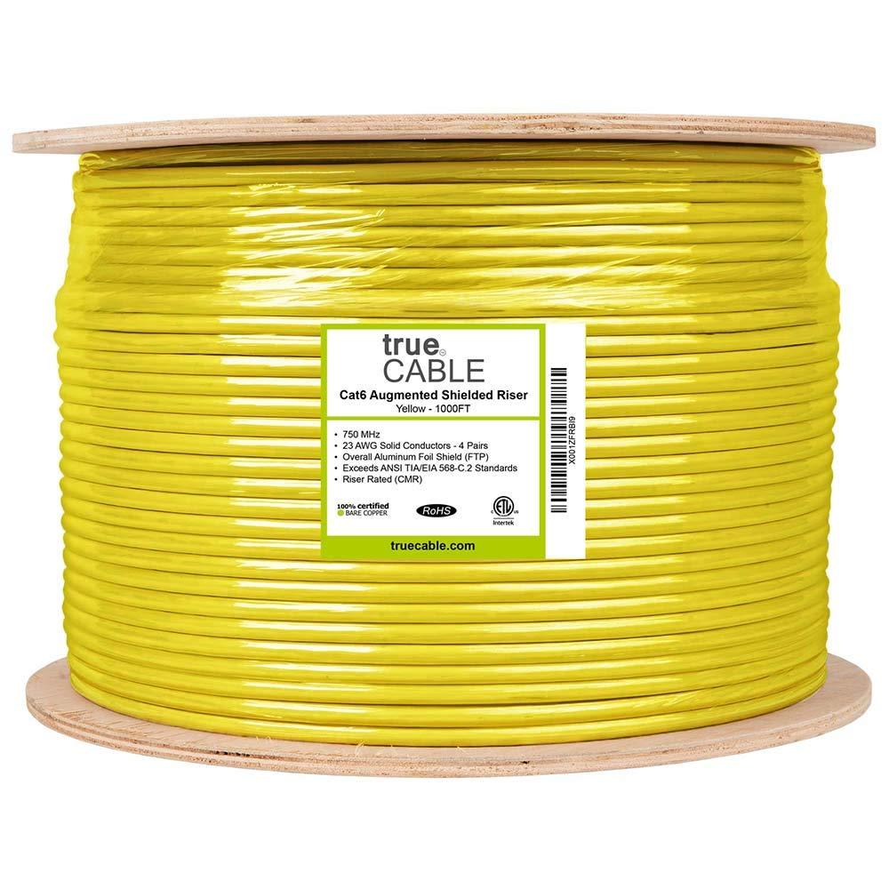 TRUE CABLE trueCABLE Cat6A Shielded Riser (CMR), 1000ft, Yellow, 23AWG Solid Bare Copper, 750MHz, PoE++ (4PPoE), ETL Listed, Overall Aluminum Foil Shield (F/UTP), Bulk Ethernet Cable