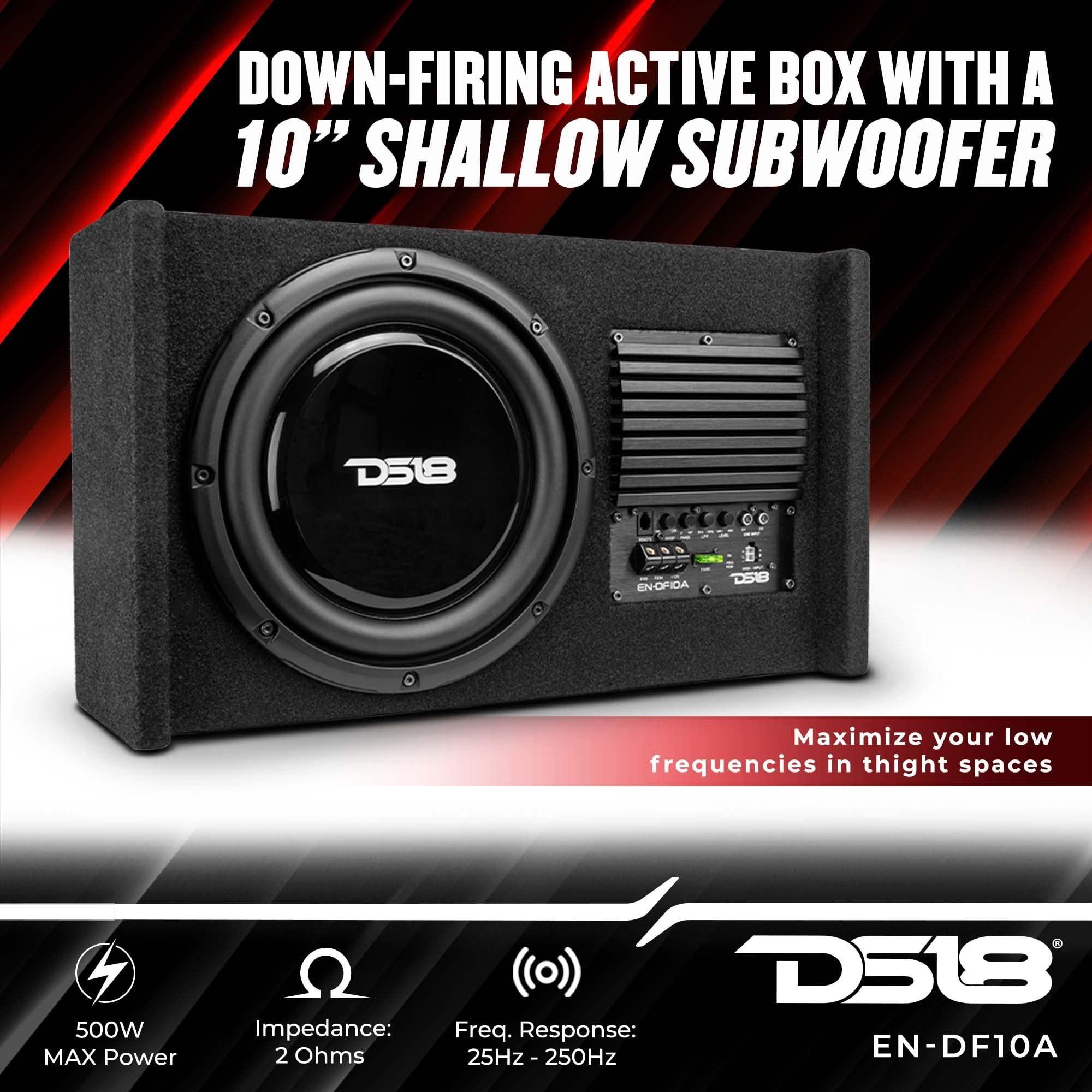 DS18 DS18 EN-DF10A 10" Amplified Thin Shallow Down-Firing Subwoofer Enclosure 500 Watts - Powered Subwoofer Box Compact Sealed Design for Car & Trucks