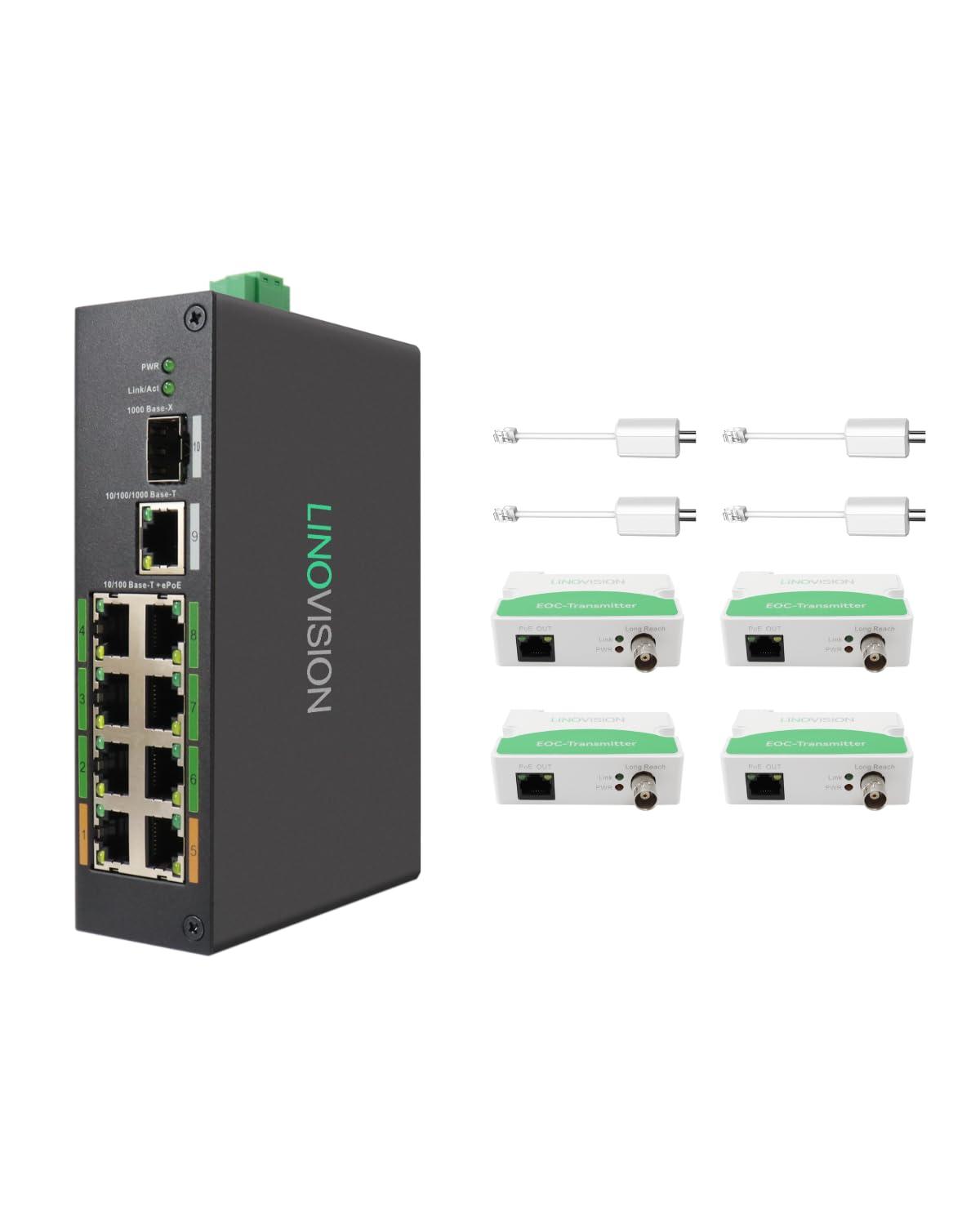 LINOVISION LINOVISION Industrial 8-Port EOC & POE Switch with 4pcs EOC Transmitters, Long Reach PoE Over Coax or UTP Cable, Simplified Wiring, Upgrading Analog System to IP Surveillance System