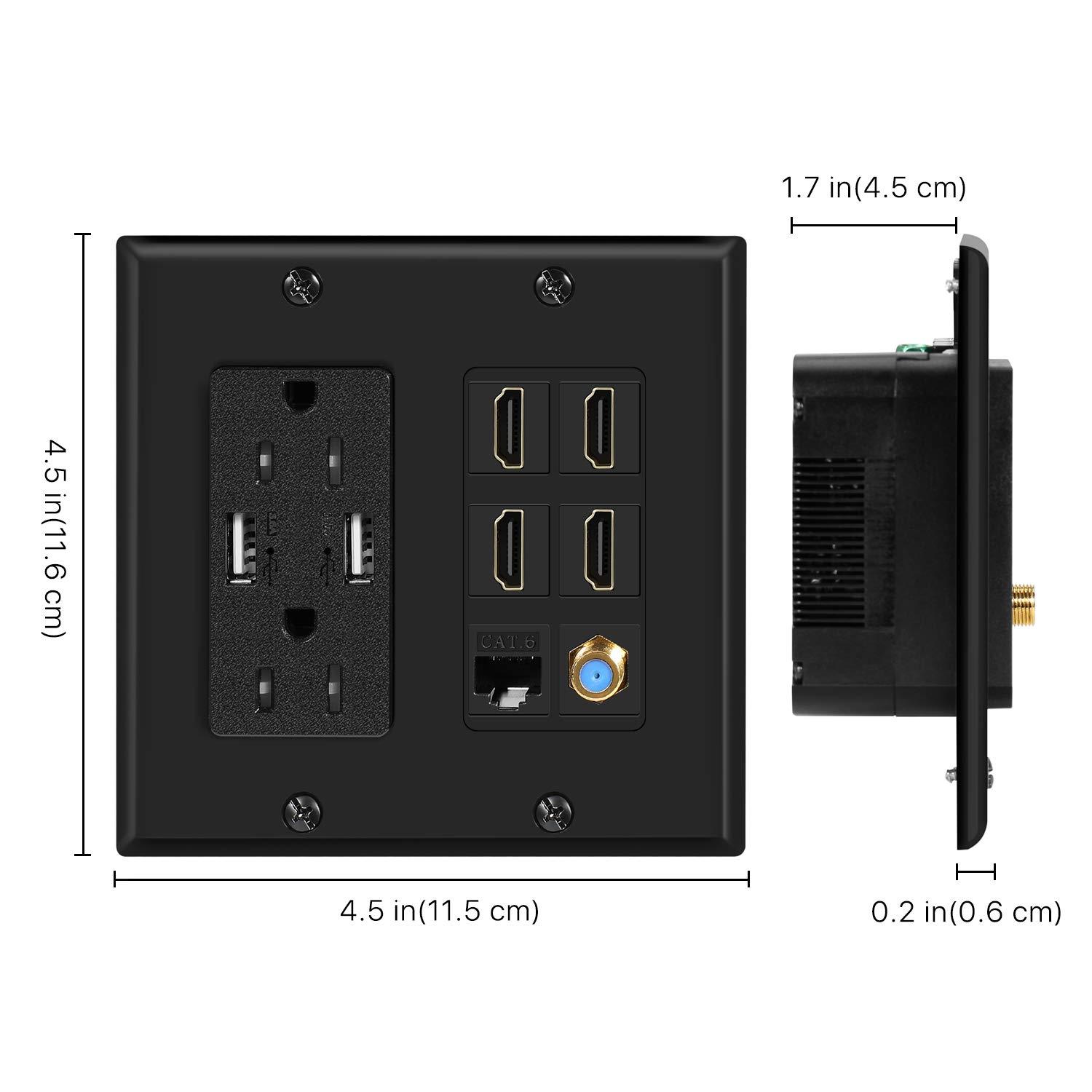 TNP Products TNP Multimedia Outlet Box (Black) - HDMI Outlet Wall Plate with USB Charging, USB Wall Plate Charger and Power Outlet 15A, 4 HDMI Ports, 1 Cat6 RJ45 Ethernet Port, Coaxial Cable Outlet, Keystone Jack
