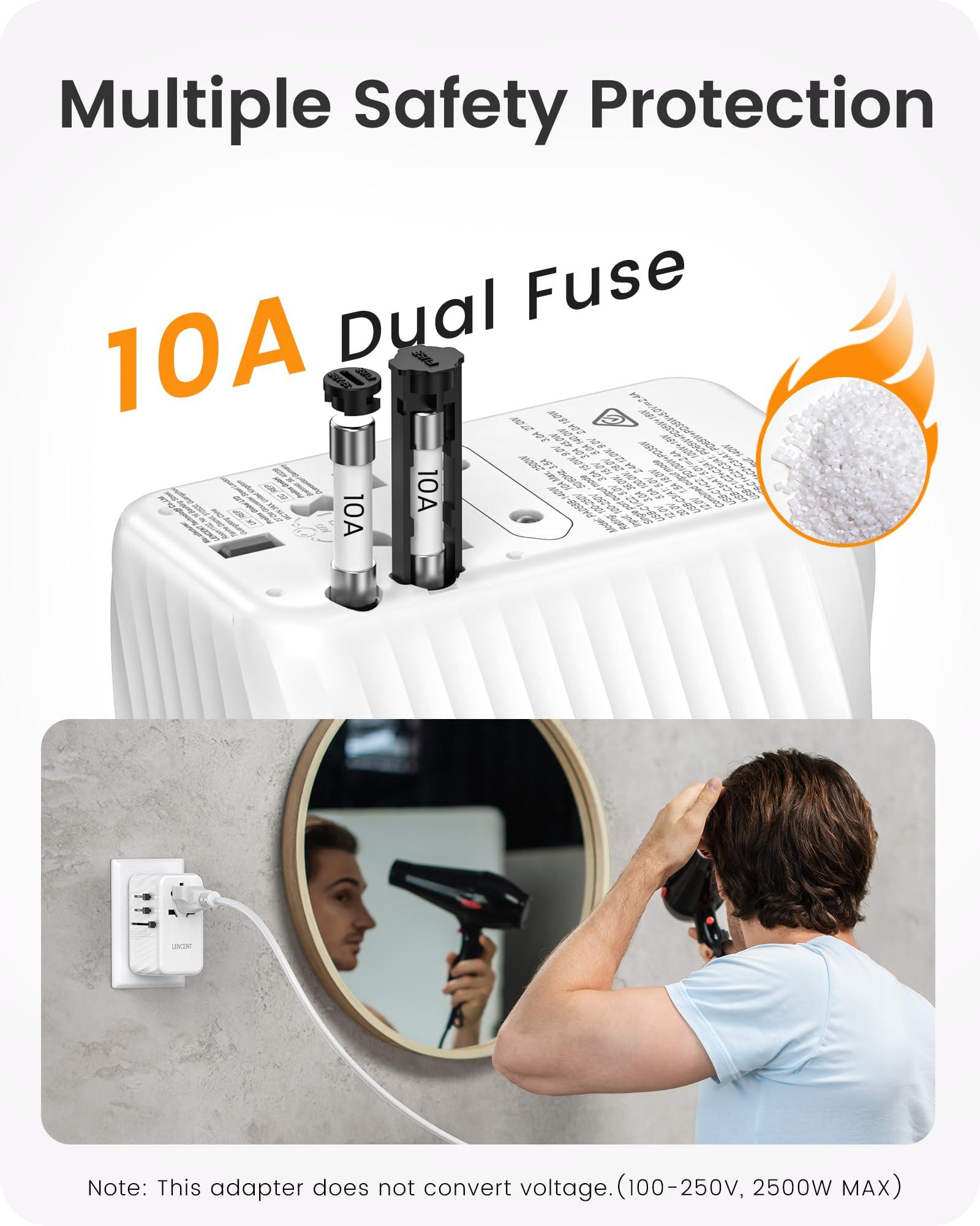 LENCENT LENCENT 140W Universal Travel Adapter, International Plug Adaptor, GaN Fast Charger with 3 PD3.1 Type C+1 QC USB A, All in One Travel Essentials, Worldwide Plug Adapter for USA/UK/EU/AU, White