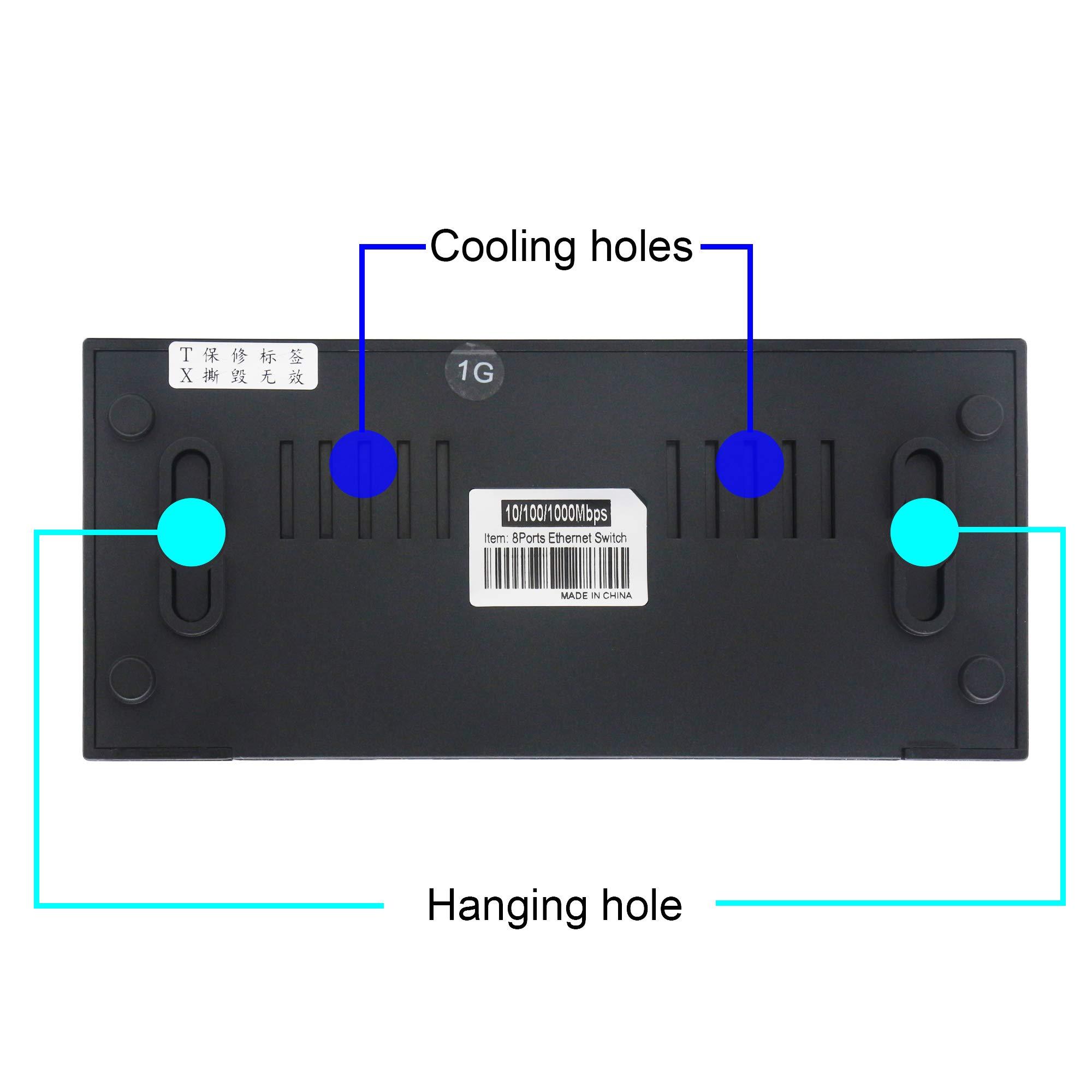 GINTOOYUN 8 Port Gigabit SwitchUnmanaged 10/100/1000Mbps Network Hub Ethernet Splitter,Plug and Play,Quiet Fanless,for Office and Home Entertainment.