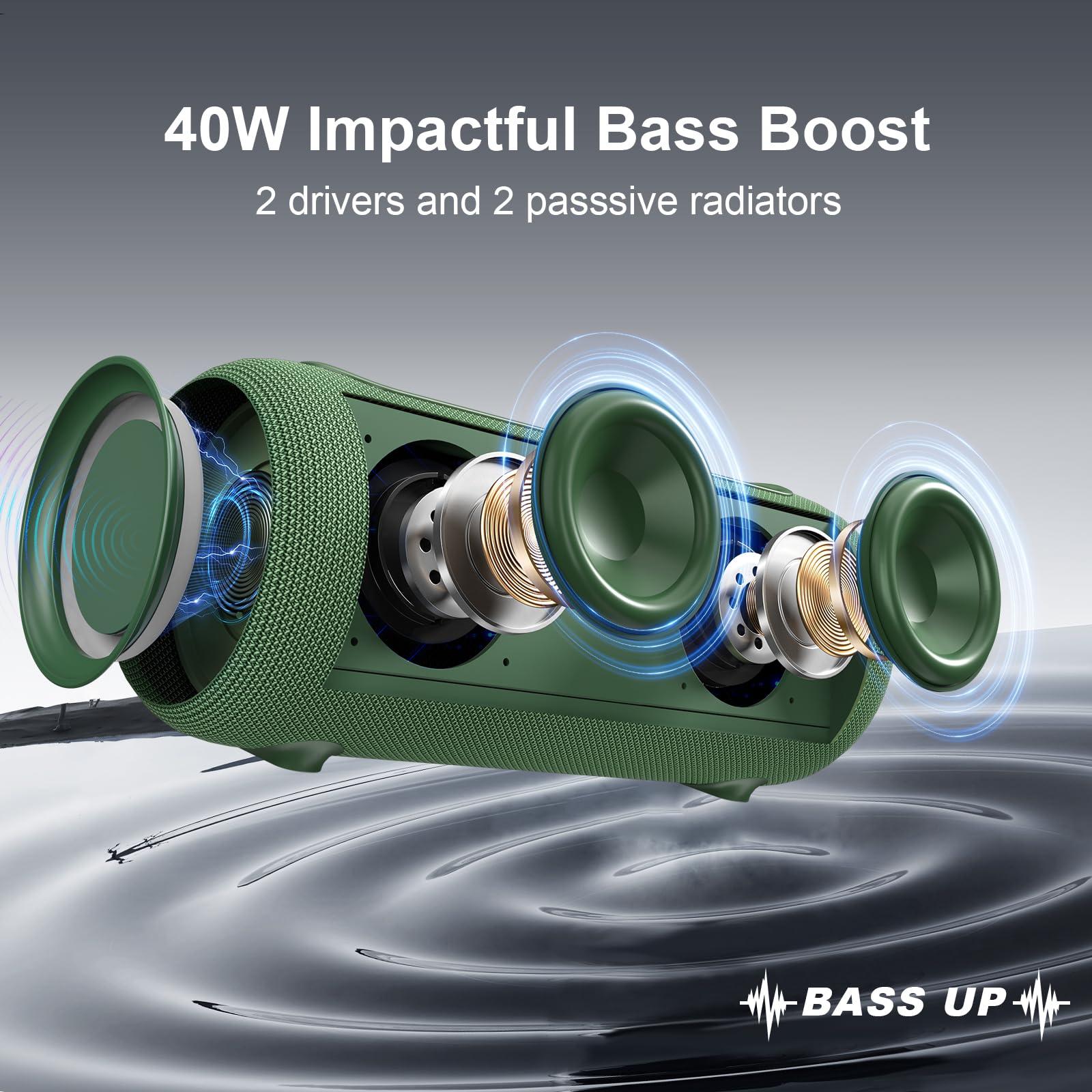Passau Passau Portable Bluetooth Speakers 40W Peak Loud Stereo Sound, Passive Radiators-Deep Bass, All Day Playtime, Adjustable Strap, BT5.3, IPX5 Wireless Speaker RGB Lights for Indoor Outdoor-Green