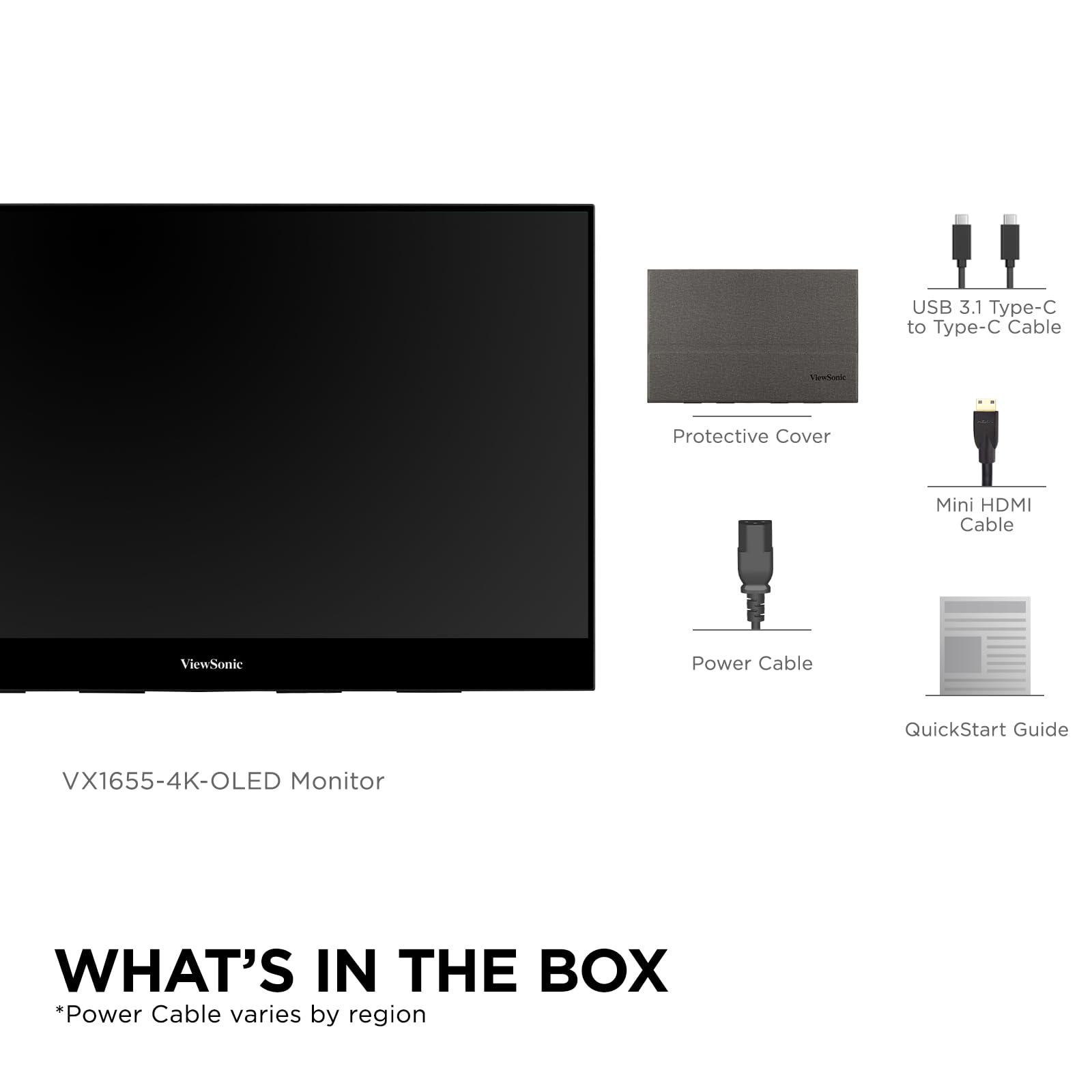 ViewSonic ViewSonic VX1655-4K-OLED 15.6" 4K UHD Portable OLED Monitor with 2 Way Powered 60W USB C, Mini HDMI, Dual Speakers (Renewed)