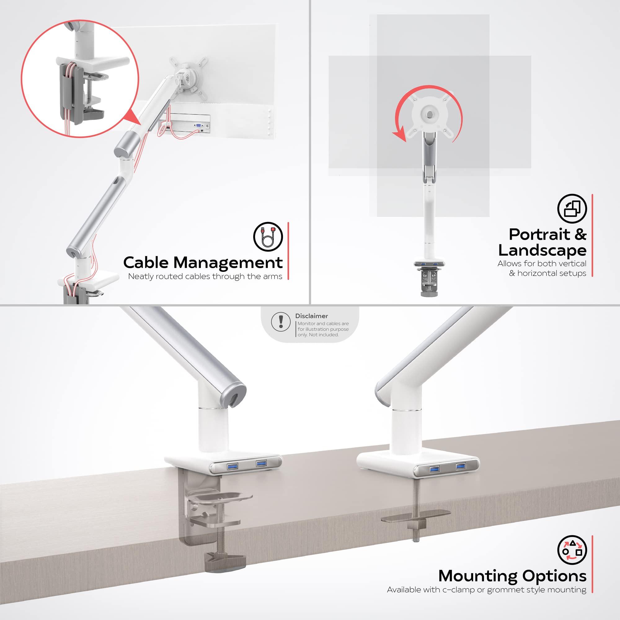 CTA Digital Single Monitor Arm Mount - CTA White Monitor Mount for 23" to 35" Monitors - w/Dual USB 3.0 Hub Ports & Arm Clamp for Desks - White (ADD-SSMA)