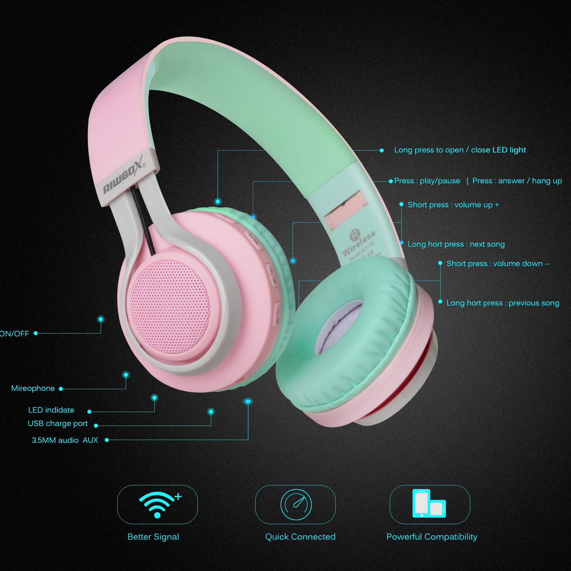 Riwbox Riwbox WT-7S Bluetooth Headphones Light Up, Foldable Stero Wireless Headset with Microphone and Volume Control for PC/Tablet/TV/Travel (Pink Green)