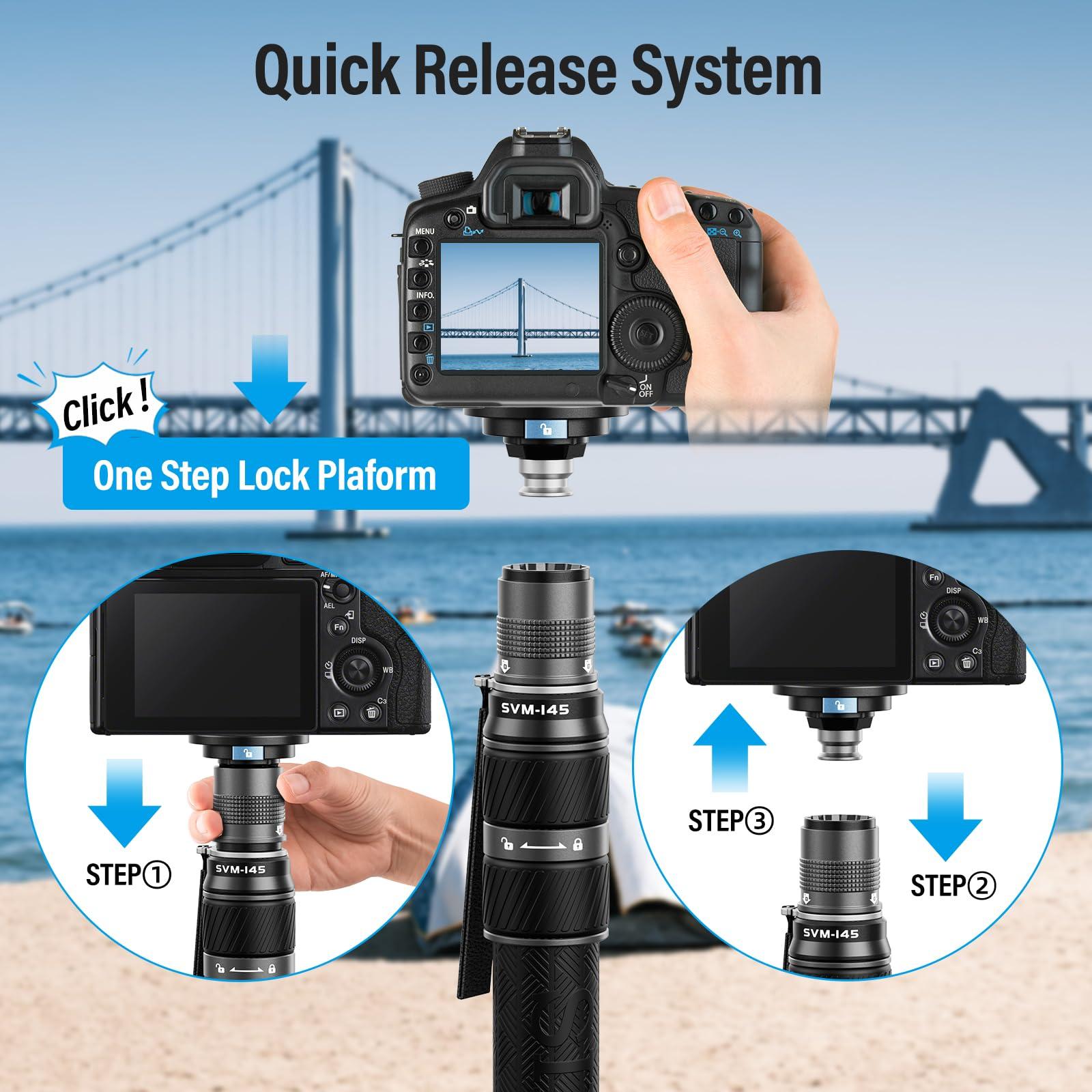 Sirui SIRUI SVM-145 Camera Monopod with Feet, 60.7" Professional Carbon Fiber Monopod with Fluid Video Head, One-Step Height Adjustment, Lightweight Travel Monopod for DSLR Camera, Modular, Max Load 22lbs