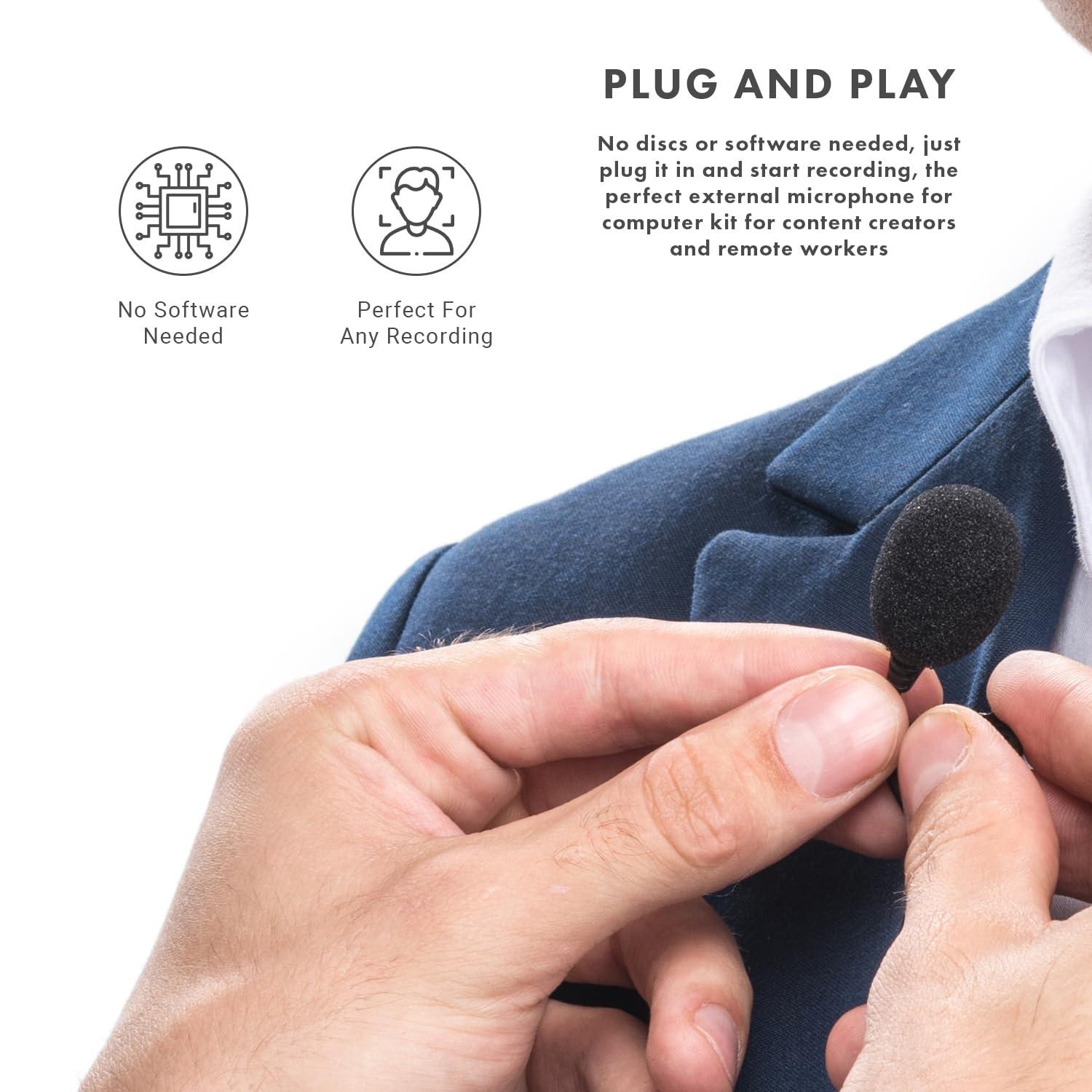 Movo Movo LV1-USB Lavalier Microphone for Camera, Lapel for iPhone and Android Smartphones, Body Lav Mic, Clip On Microphone for 3.5mm, Shirt Lapel Mic for Phone, GoPro, Interview, Computer, PC